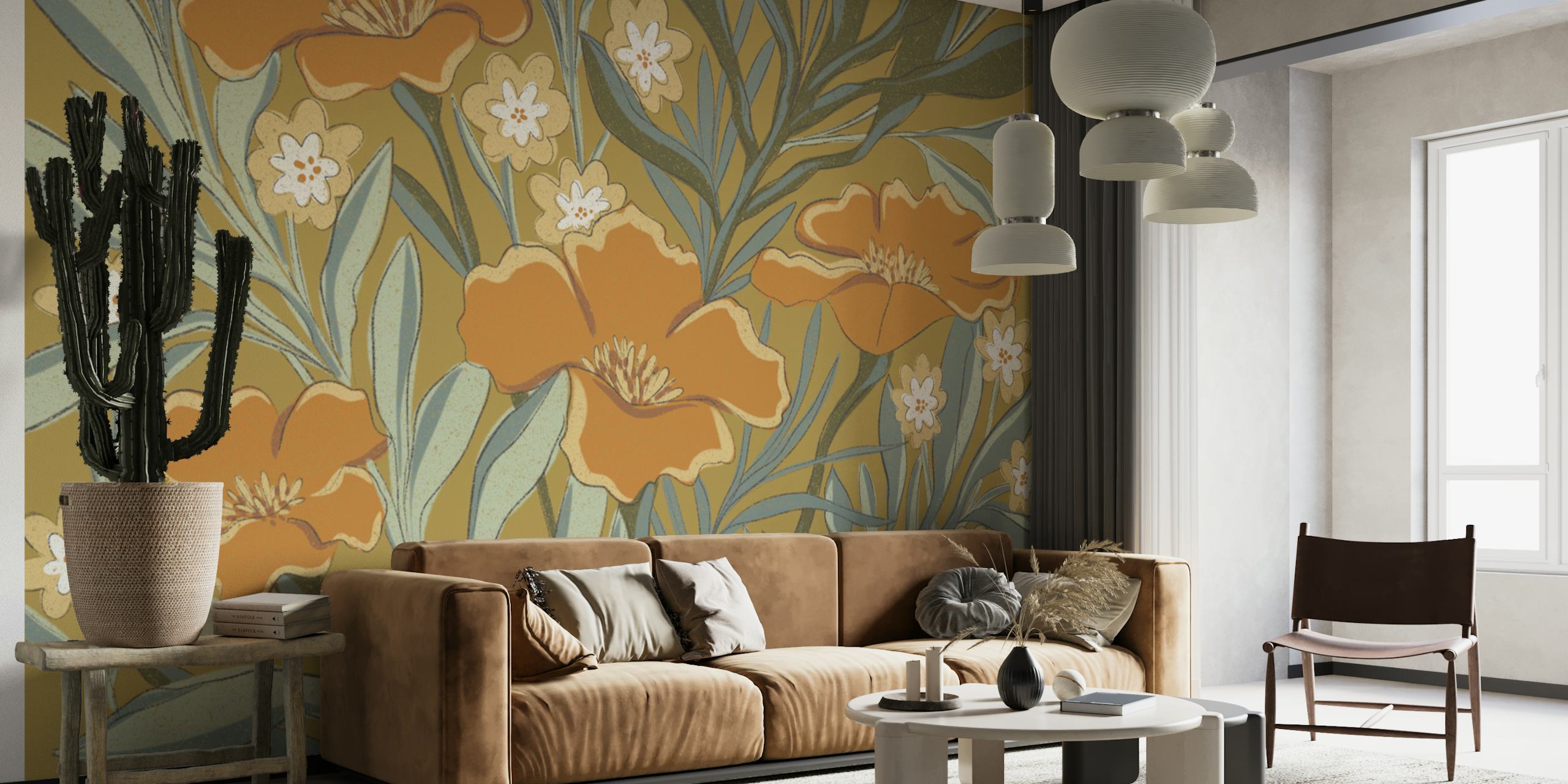 Golden floral wallpaper with orange flowers and green leaves