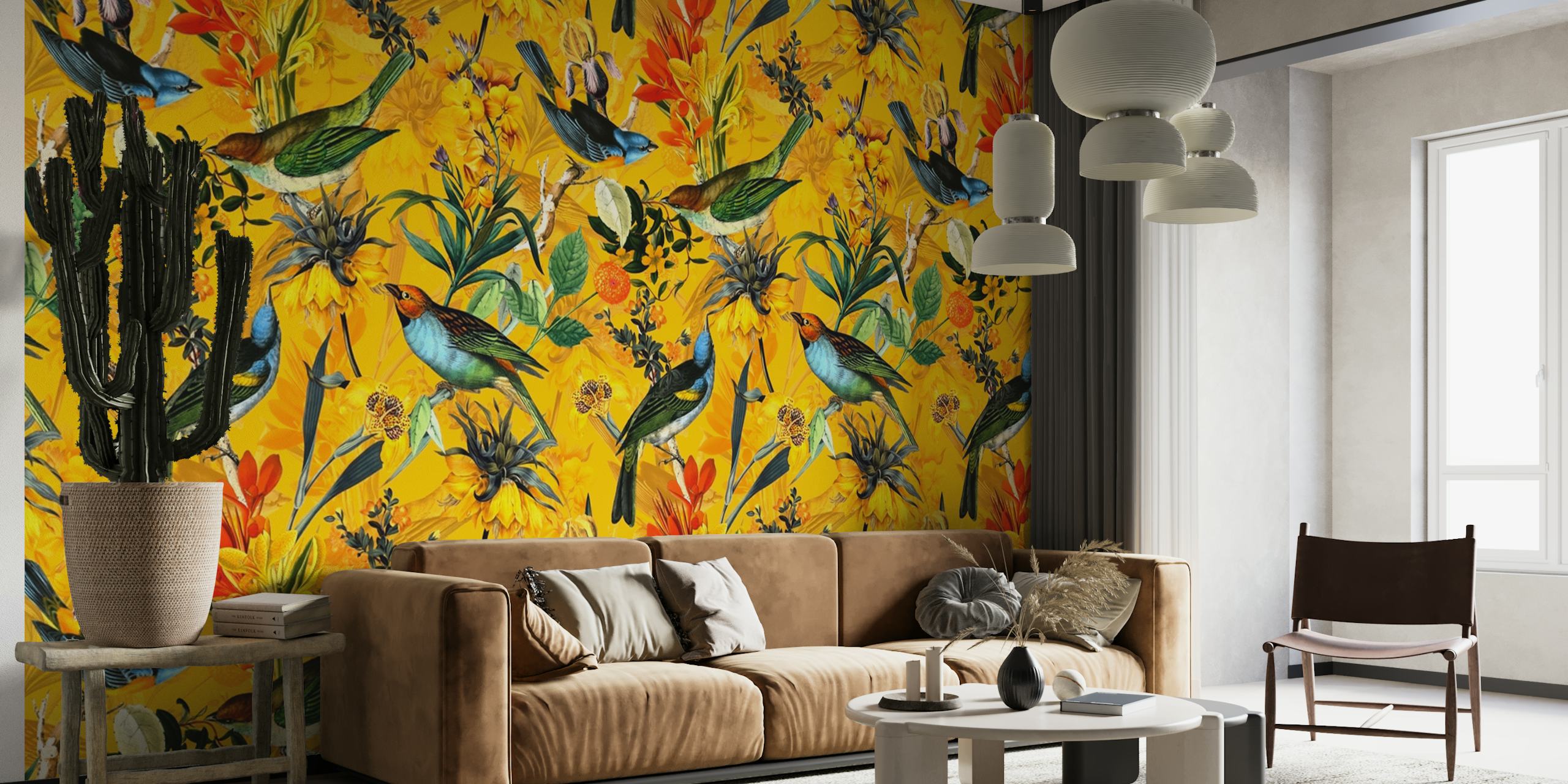 Papel de parede Exotic Yellow Bird Garden em um quarto