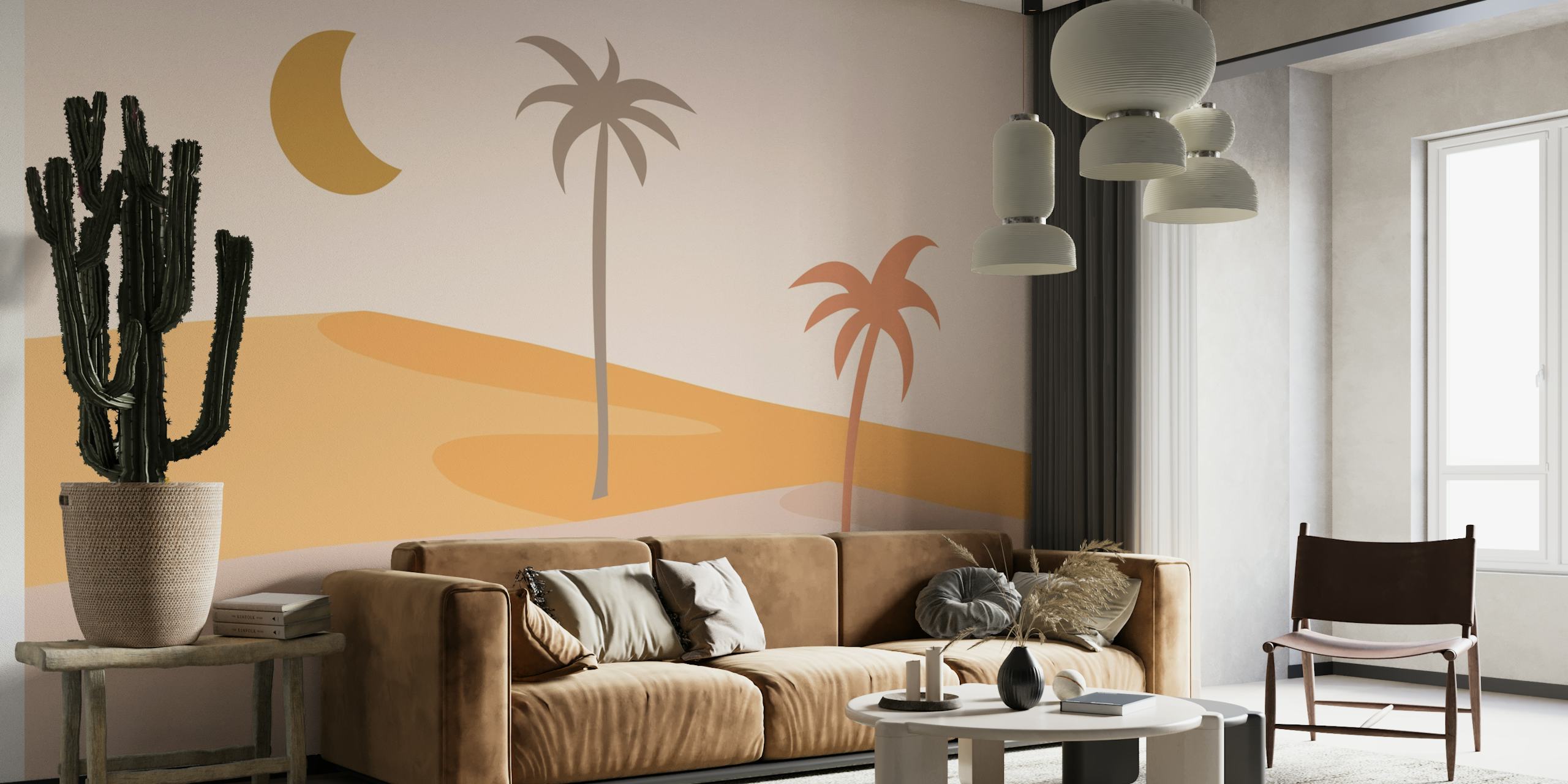 Desert Night Grafisk vægmaleri med halvmåne og palmesilhuetter