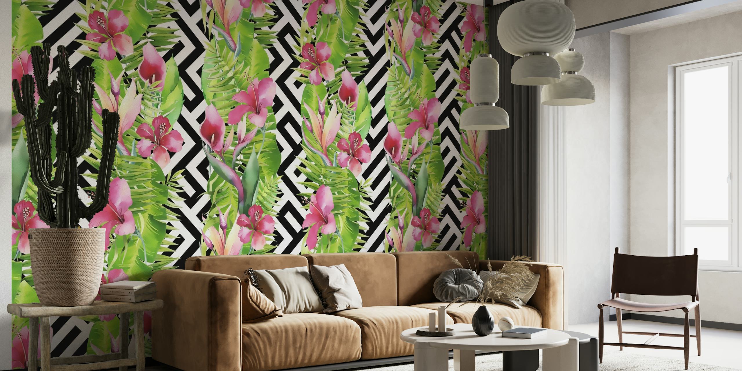 Tropical flowers interspersed with black and white geometric lines wall mural