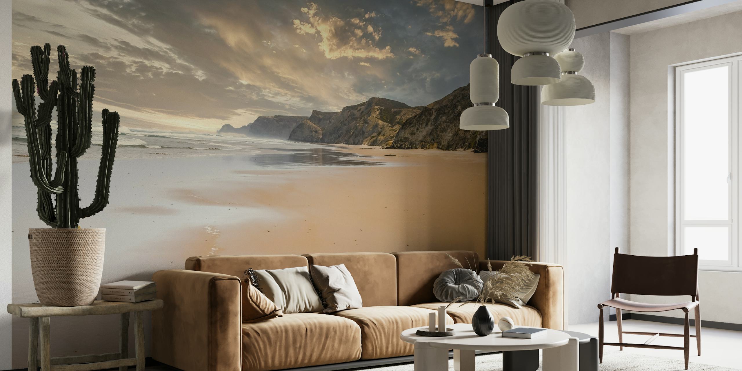 A breathtaking beach sunset in Portugal with cliffs and soft sands, transforming your room into a serene coastal escape.