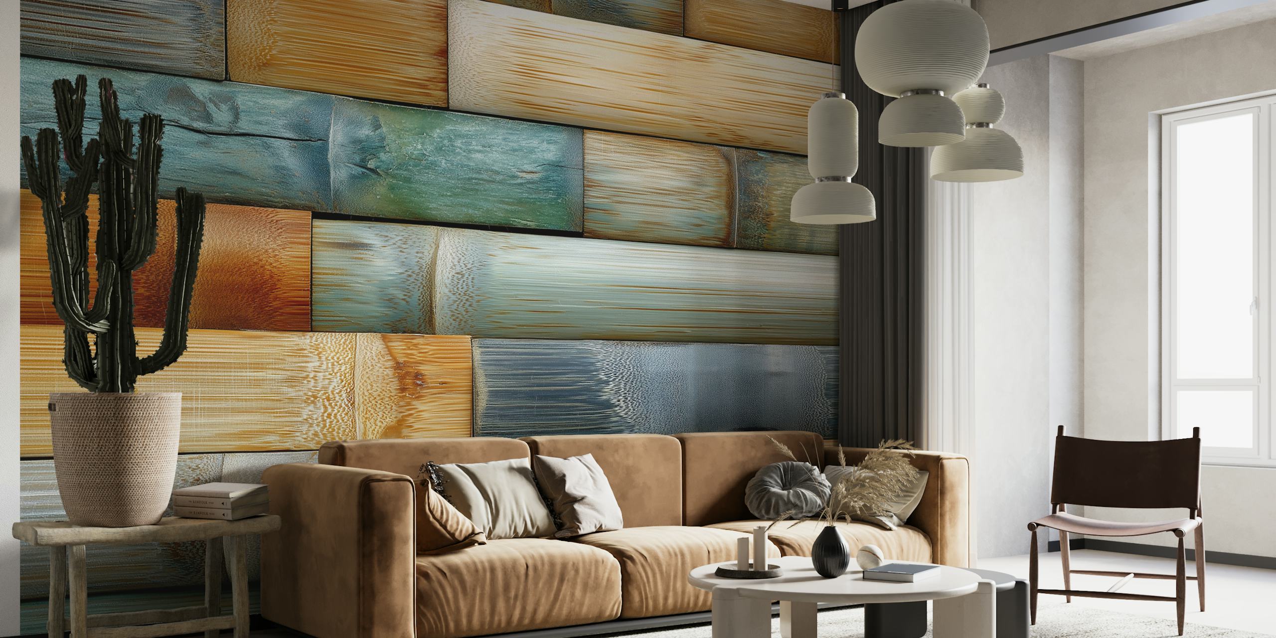 Bamboo textured wallpaper with warm colors like orange, brown, and green, showcasing a contemporary style.