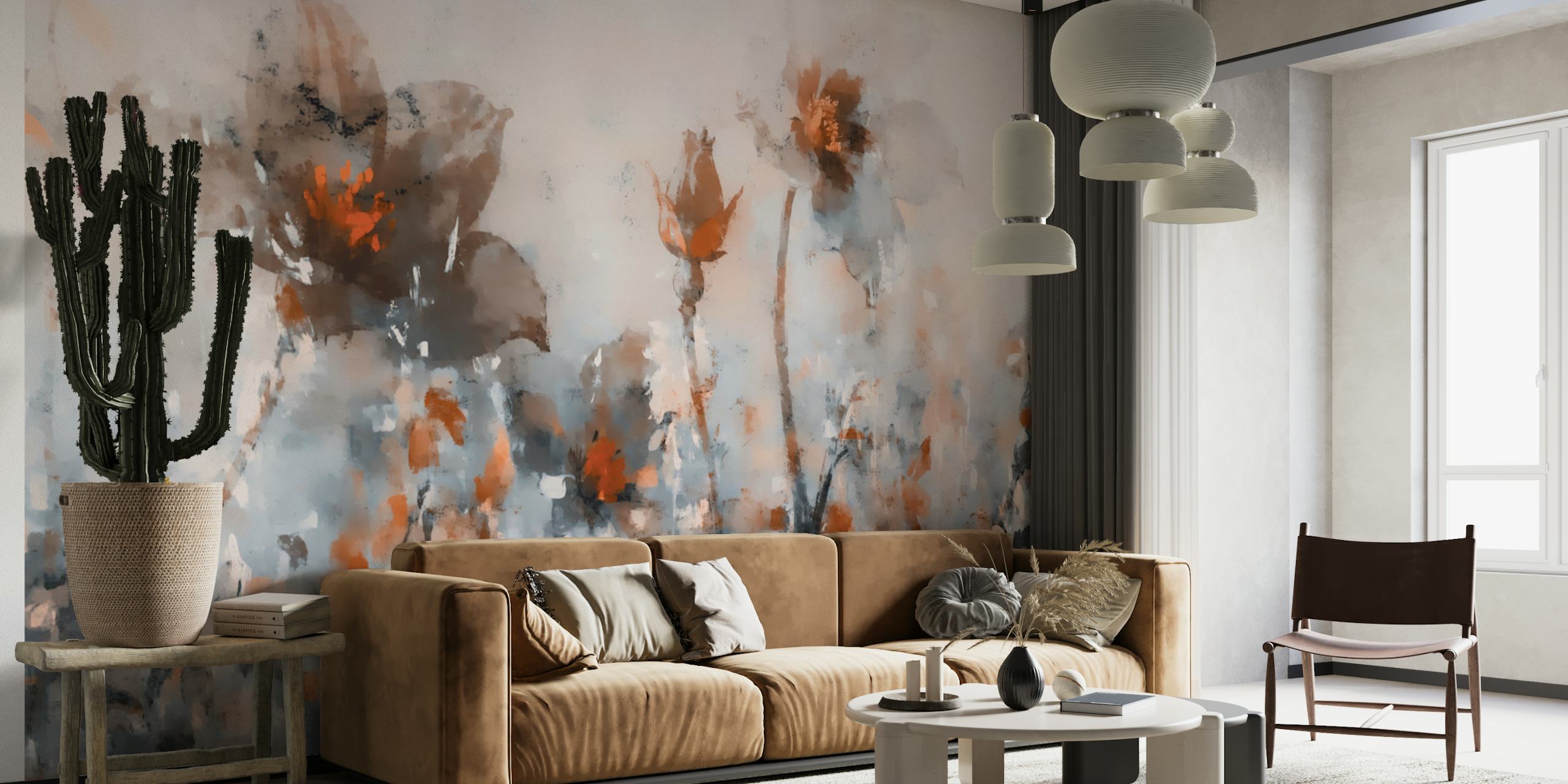 Abstract floral pattern in soft peach, gray, and white tones wallpaper