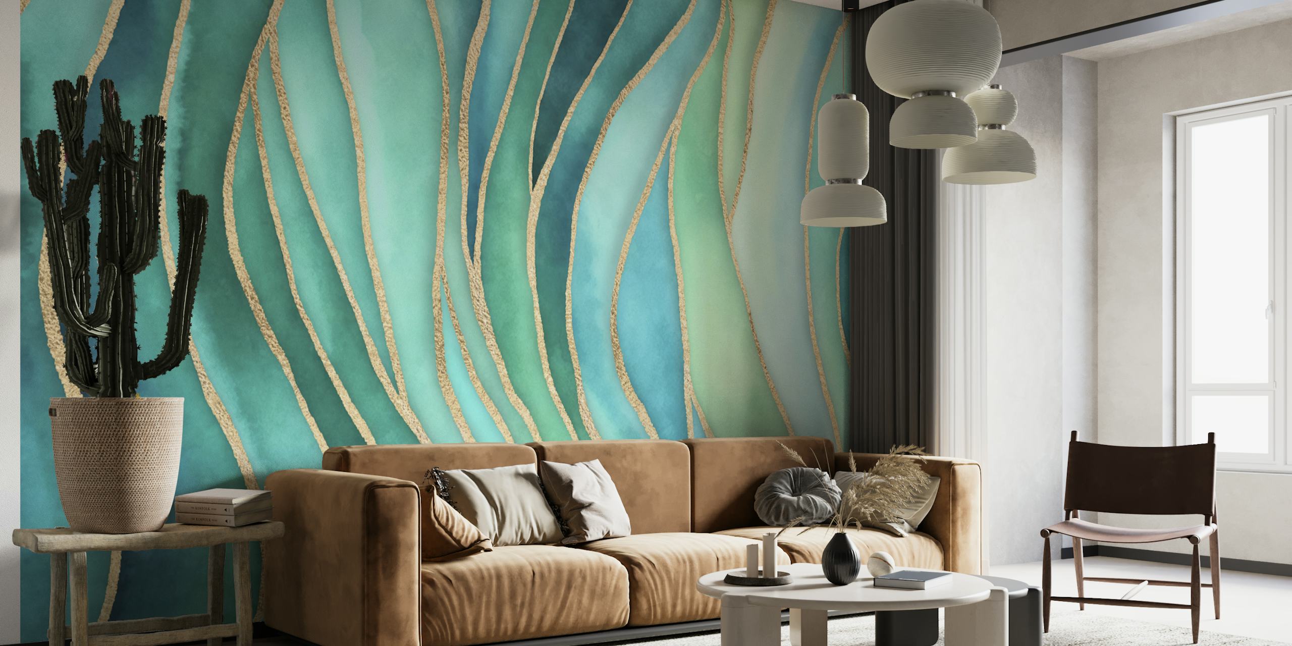 Abstract teal watercolor design with golden lines wallpaper