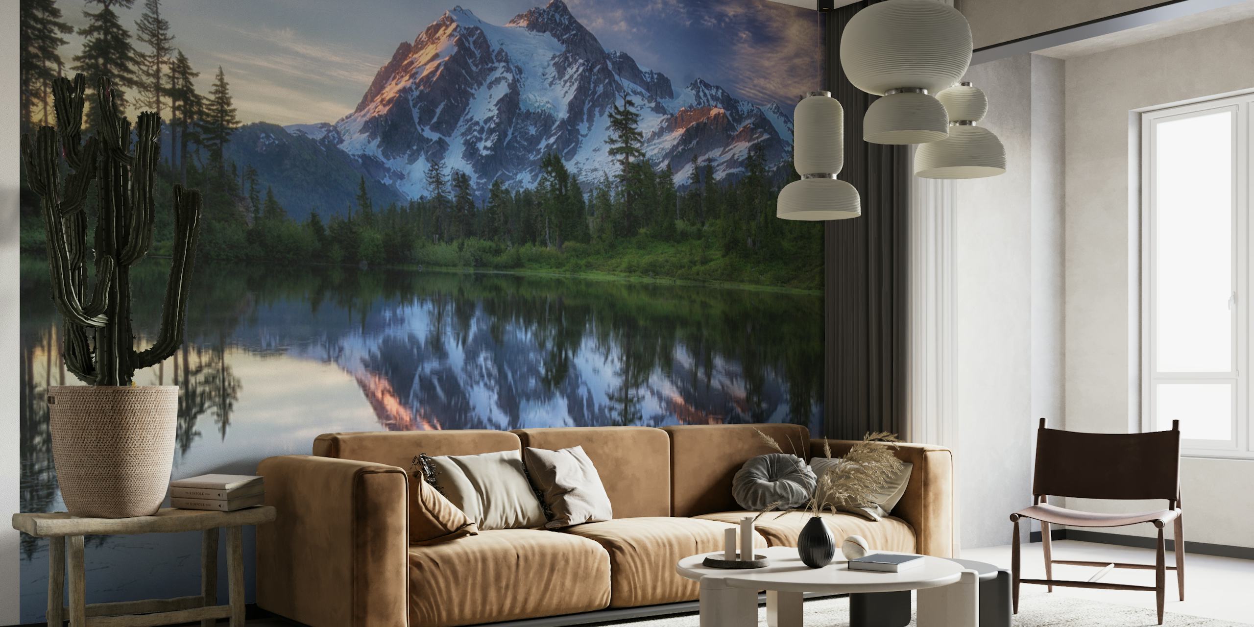 Wall mural of dawn breaking over Mount Shuksan with colorful sky and reflection on water