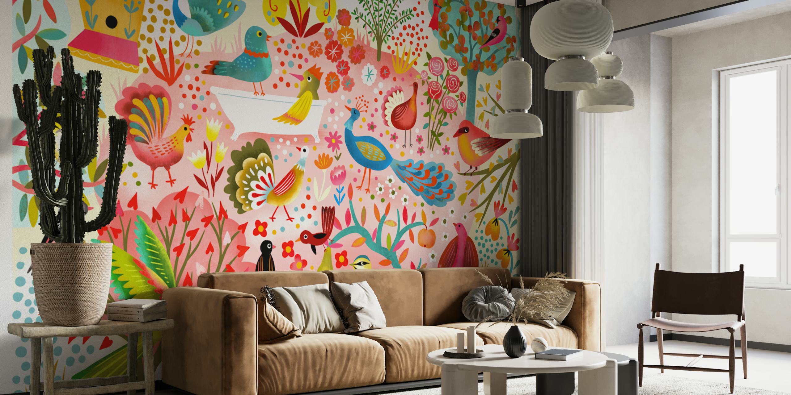Colorful birds and floral patterns in varied colors wallpaper