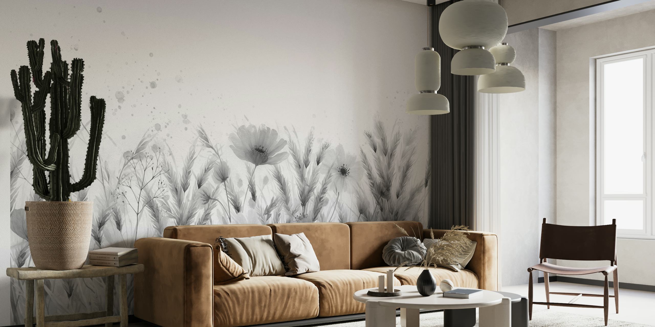 Black and white floral meadow with wildflowers, soft textures wallpaper