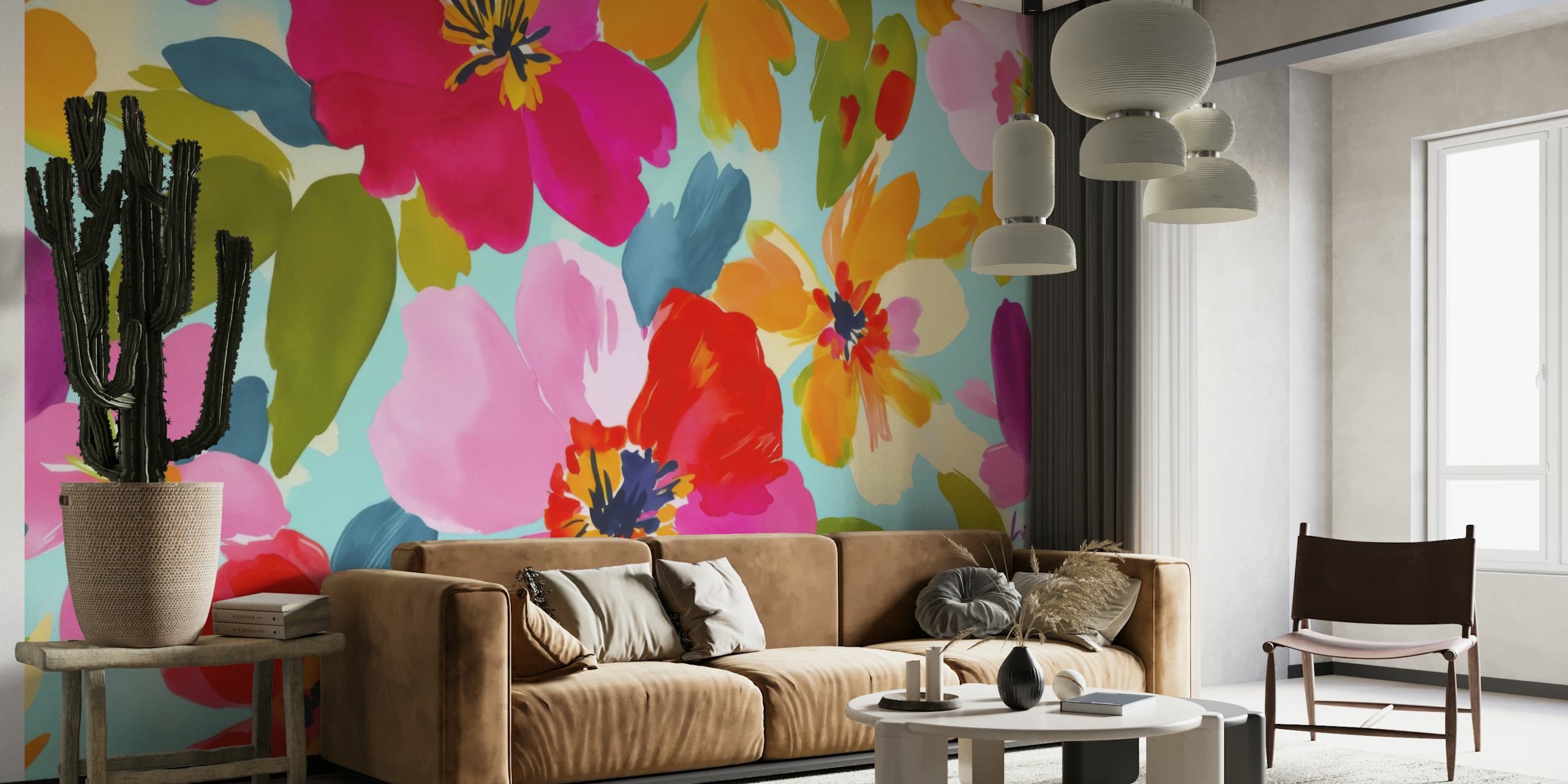 Vibrant floral pattern in pink, orange, and turquoise wallpaper