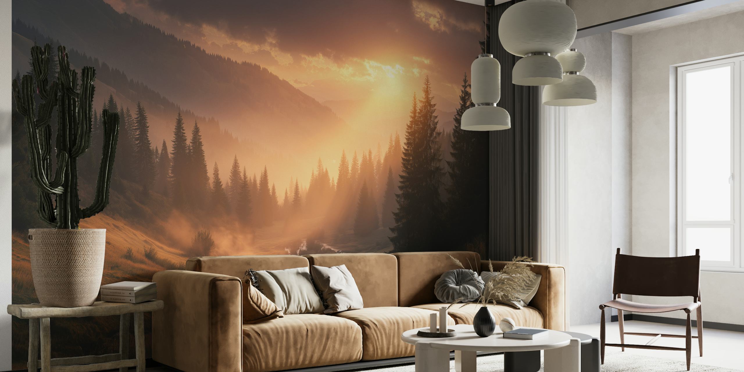 Ταπετσαρία Morning Light Forest εκτεθειμένη σε ένα δωμάτιο