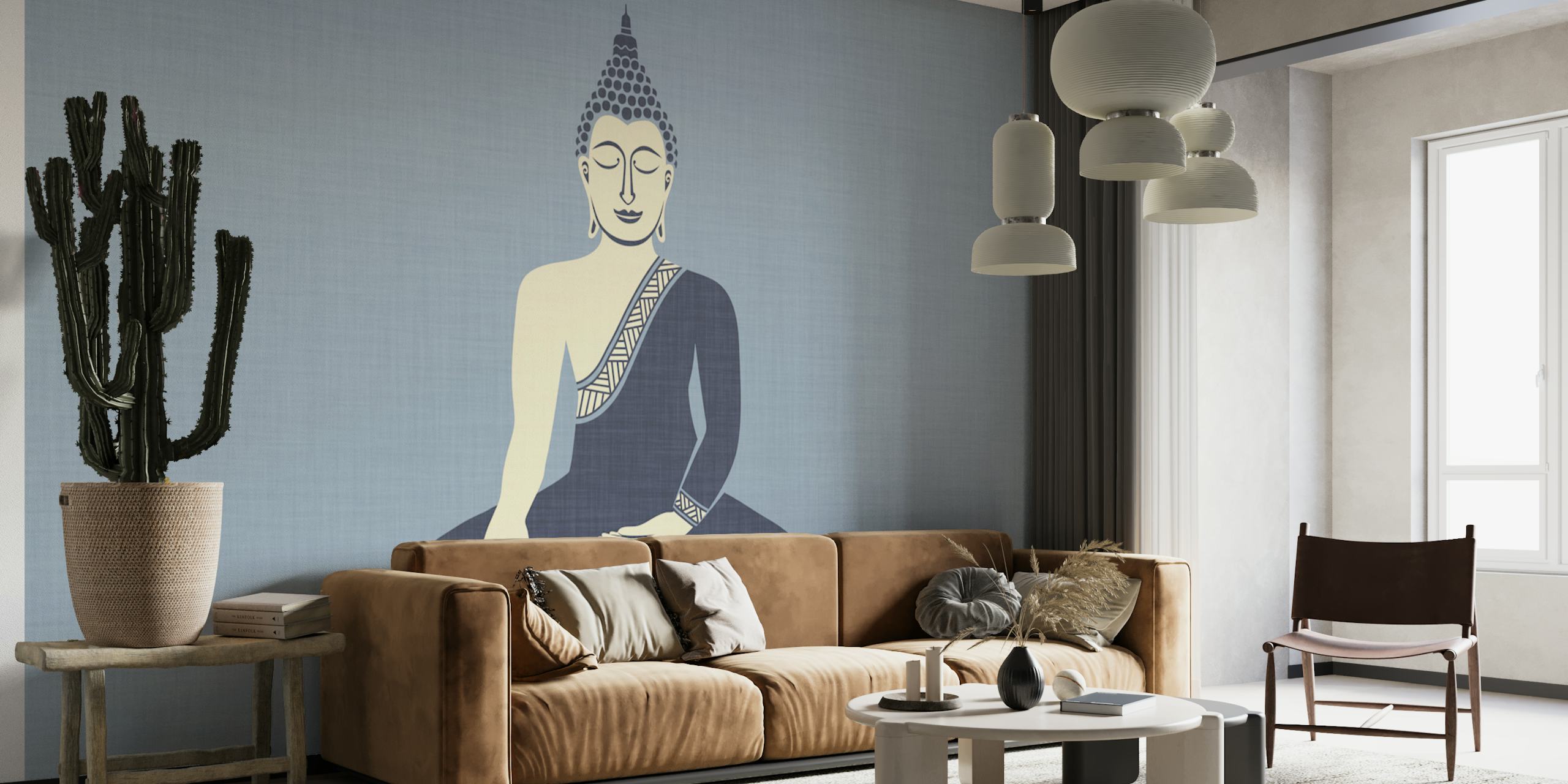 Seated Buddha in Meditation Blue wallpaper in room