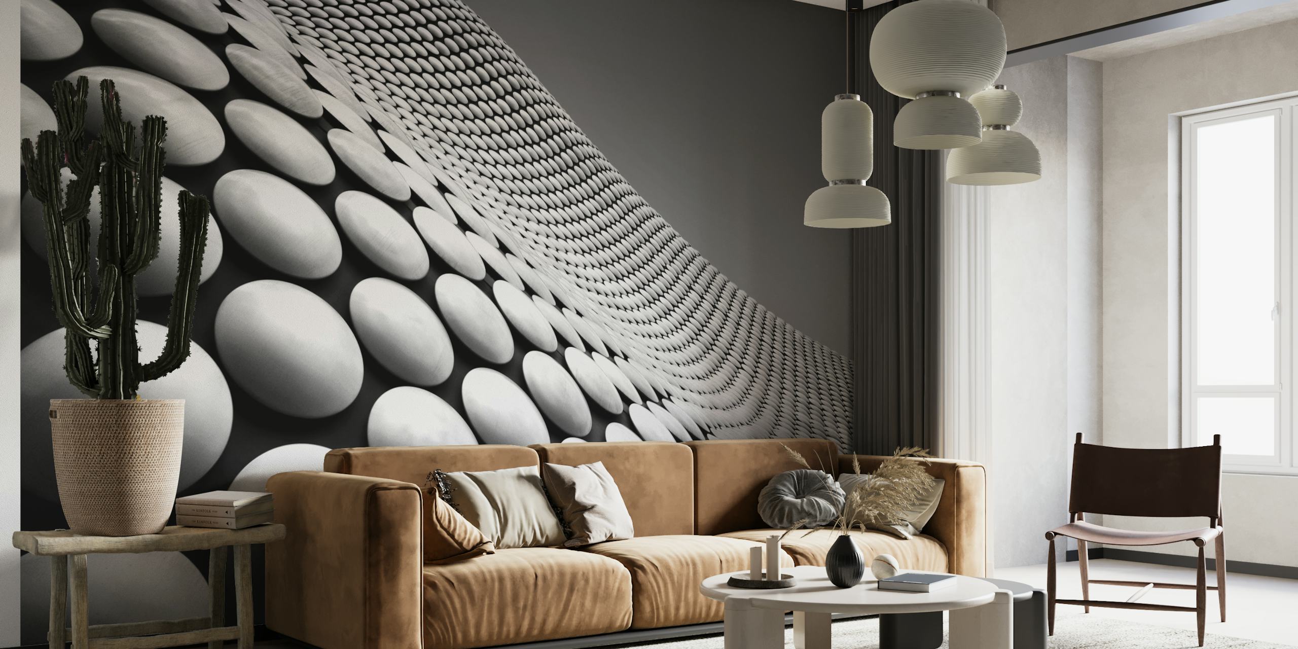 Abstraktes Schwarz-Weiß-Wandbild mit geschwungenem 3D-Musterdesign von happywall.com