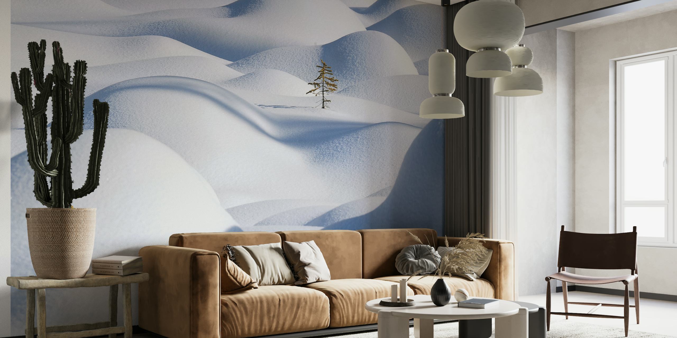 White snow hills with soft, curve shapes and a single tree wallpaper