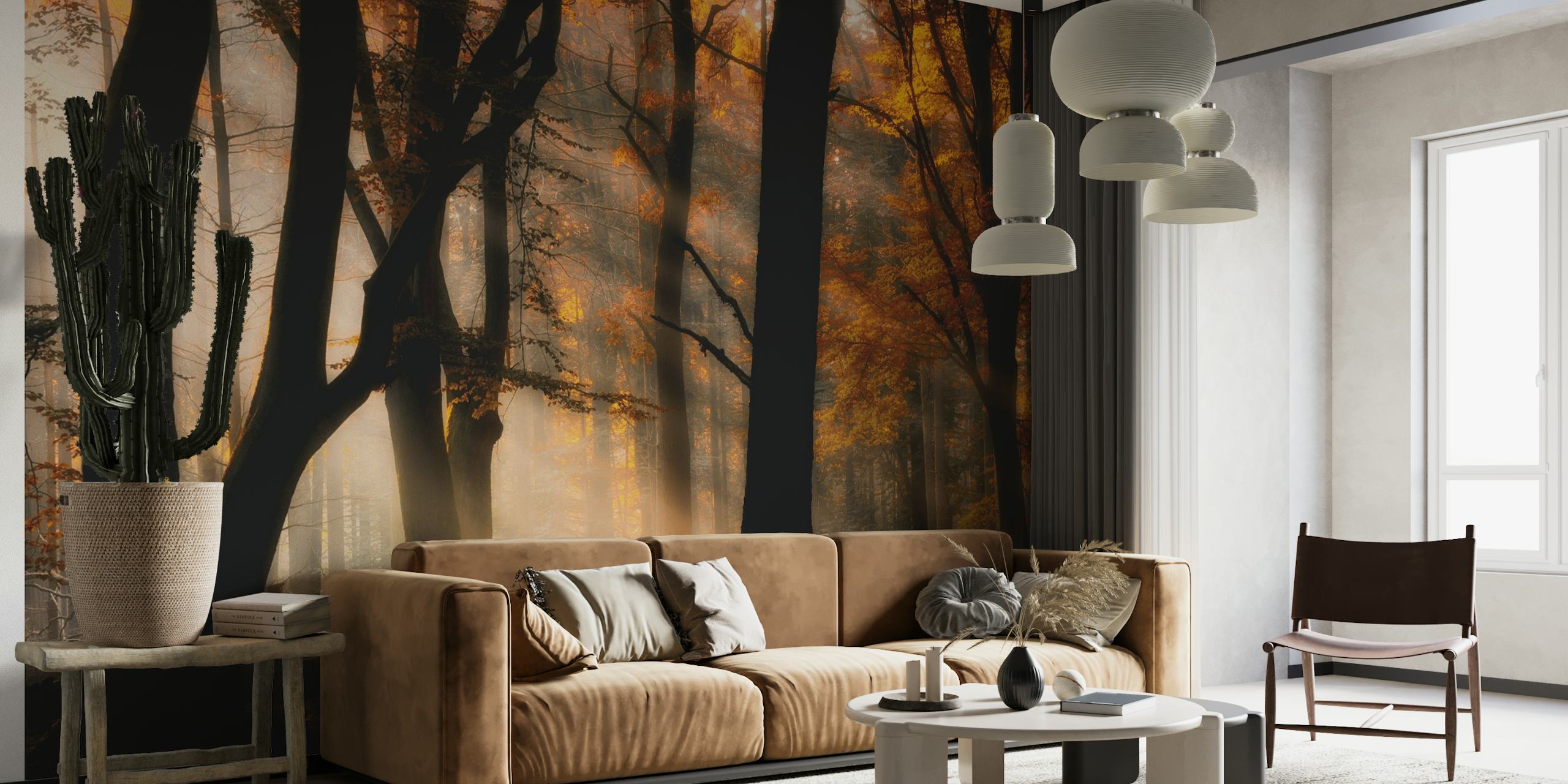 Syksyinen metsämaisema seinämaalaus, jossa auringonvalo suodattuu puiden läpi