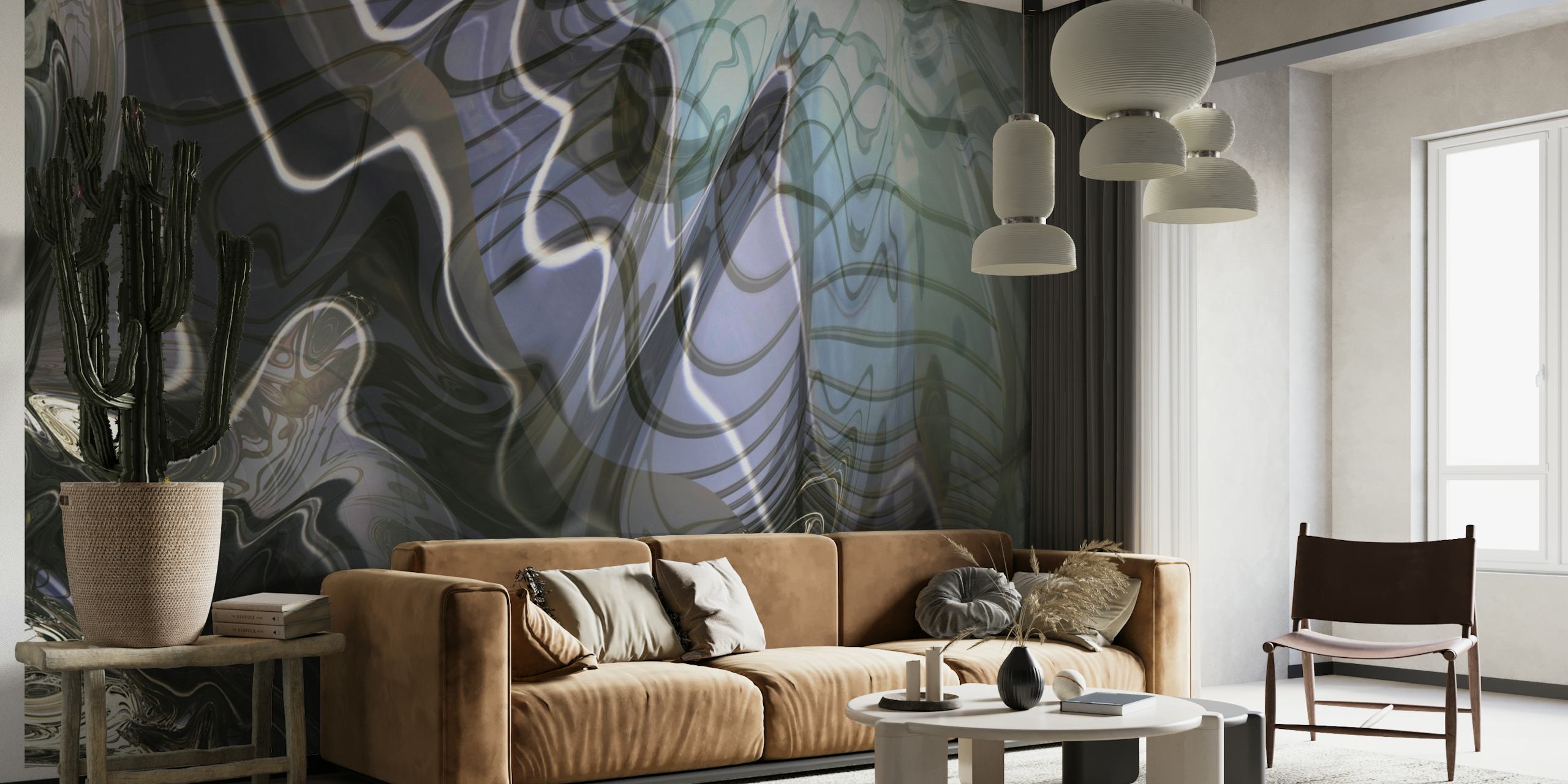 Abstract wall mural 'Turbulence 11' with swirls of blue and gray depicting dynamic movement.