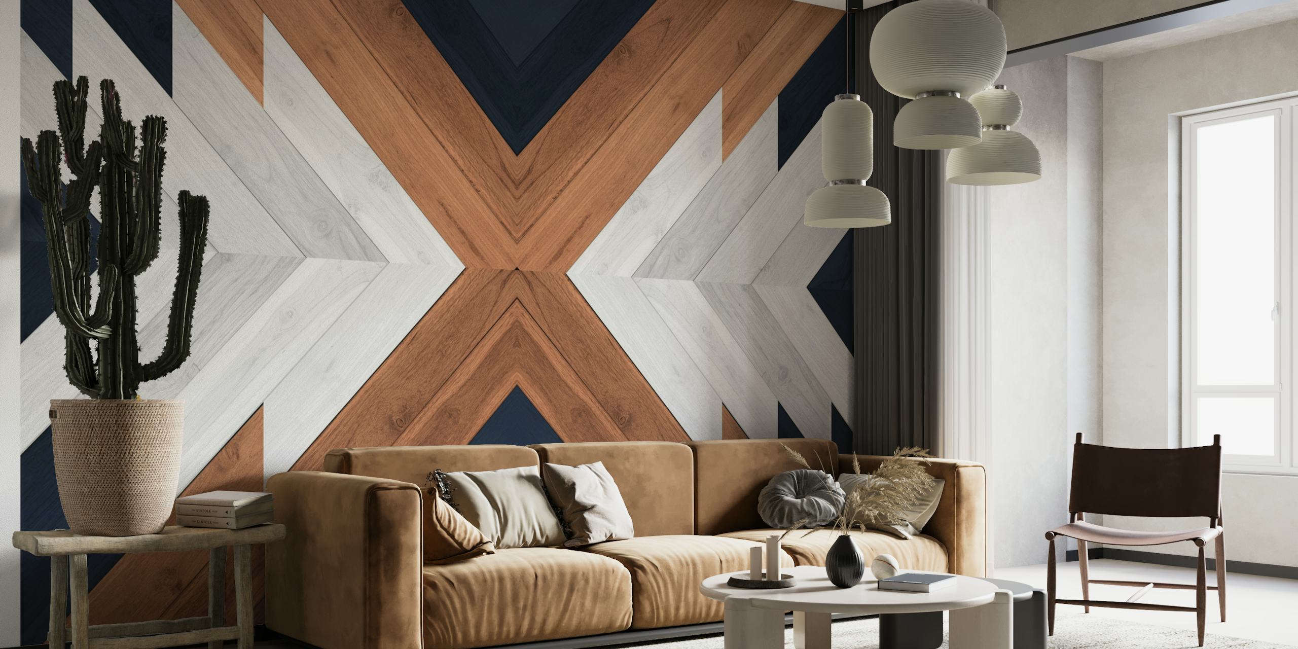 Geometrische houten plankpatroon muurschildering