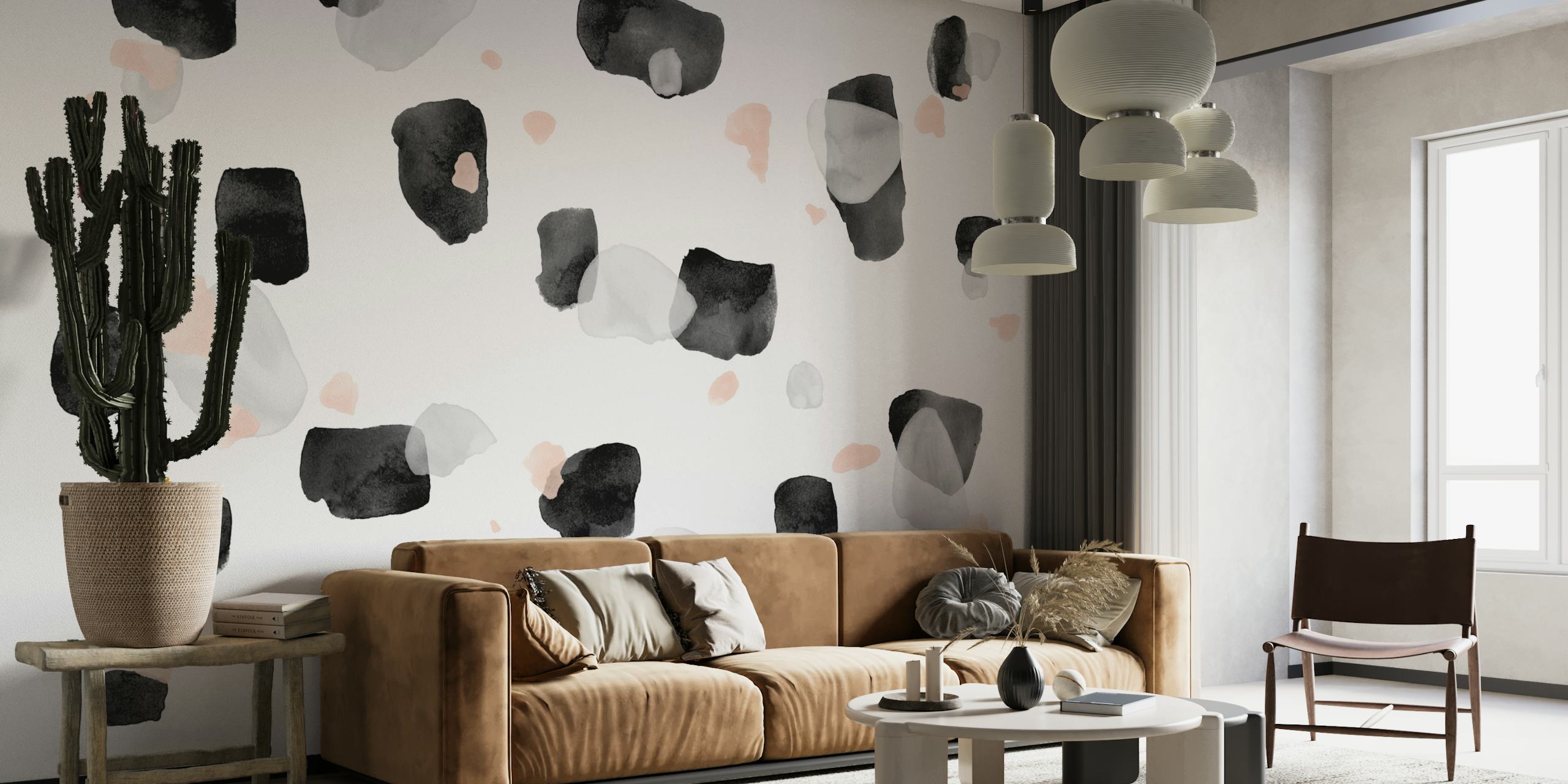 Abstrakte former i sorte, hvide og rødme toner på 'Abstract Terrazzo 02' vægmaleri