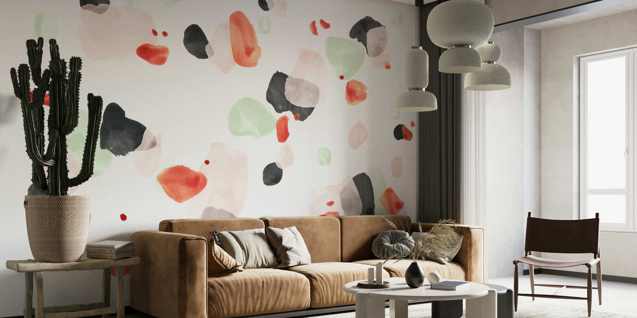 Mural de parede abstrato Terrazzo 06 com formas dispersas em cores suaves