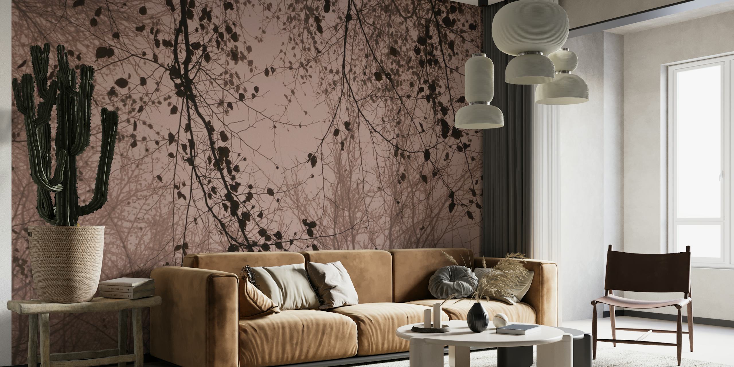 Leaves and branches silhouettes dusty pink wallpaper
