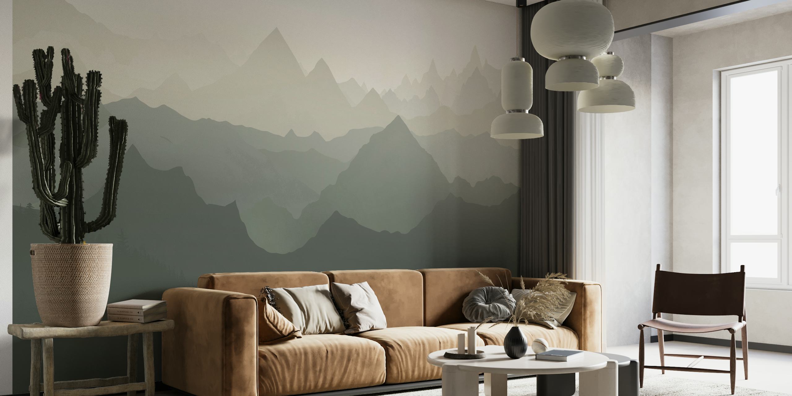 Layered mountain landscape in green tones wallpaper