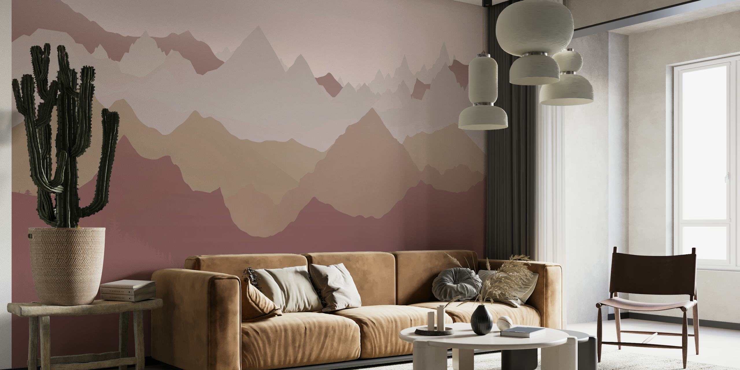 Mural de parede estilizado de picos de montanha ocre e bege em um fundo rosa empoeirado