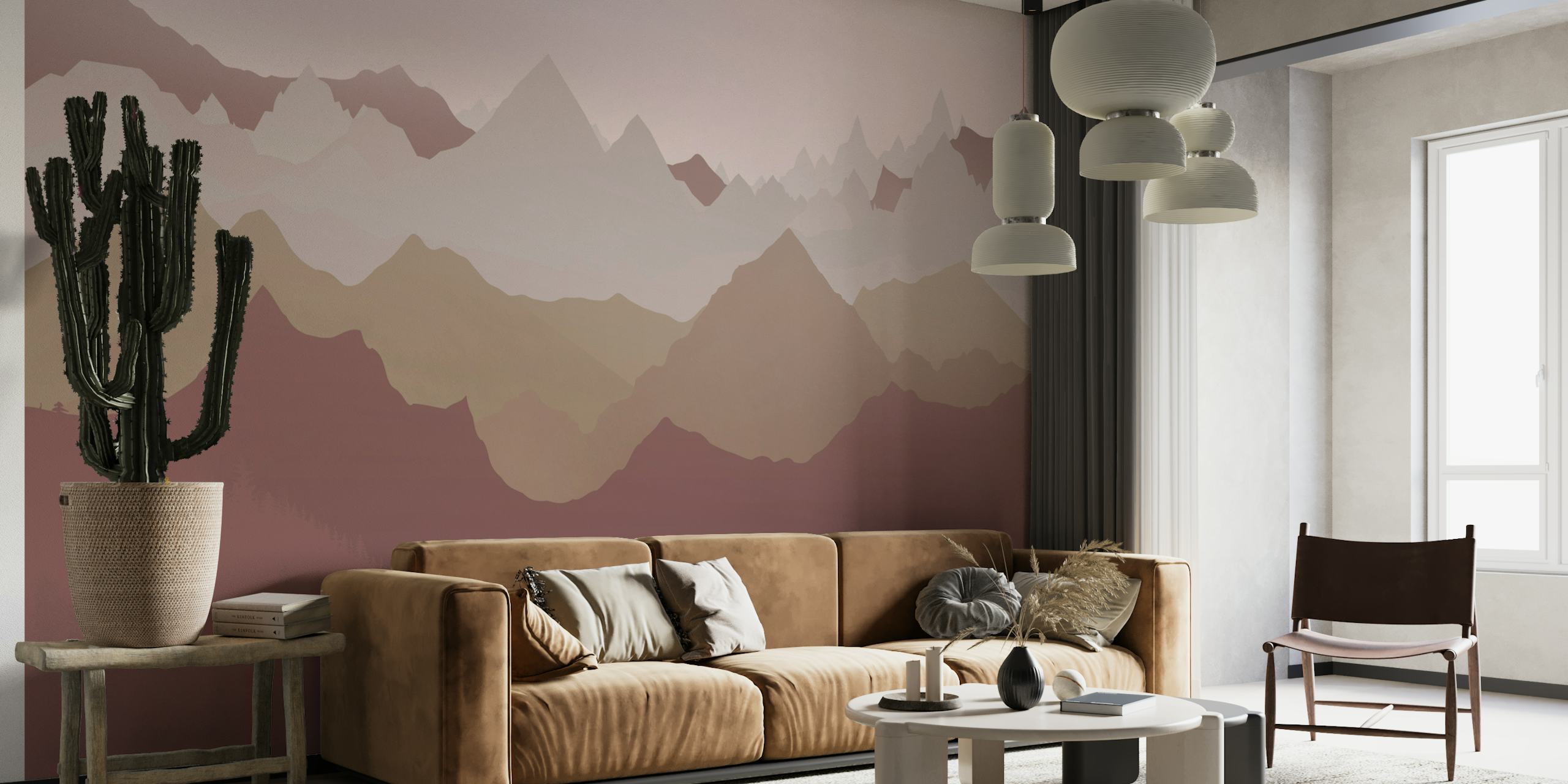 Papier peint stylisé de sommets de montagne ocre et beige sur fond rose poussiéreux