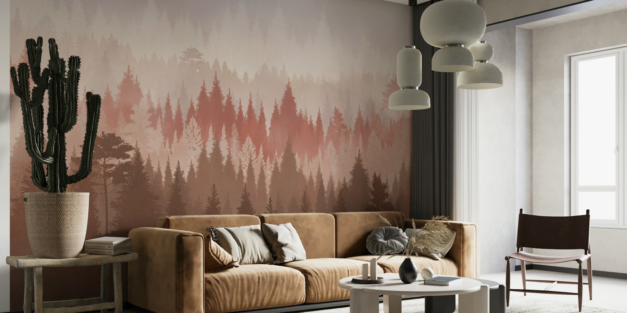Abstract geometric forest wall mural in earthy tones
