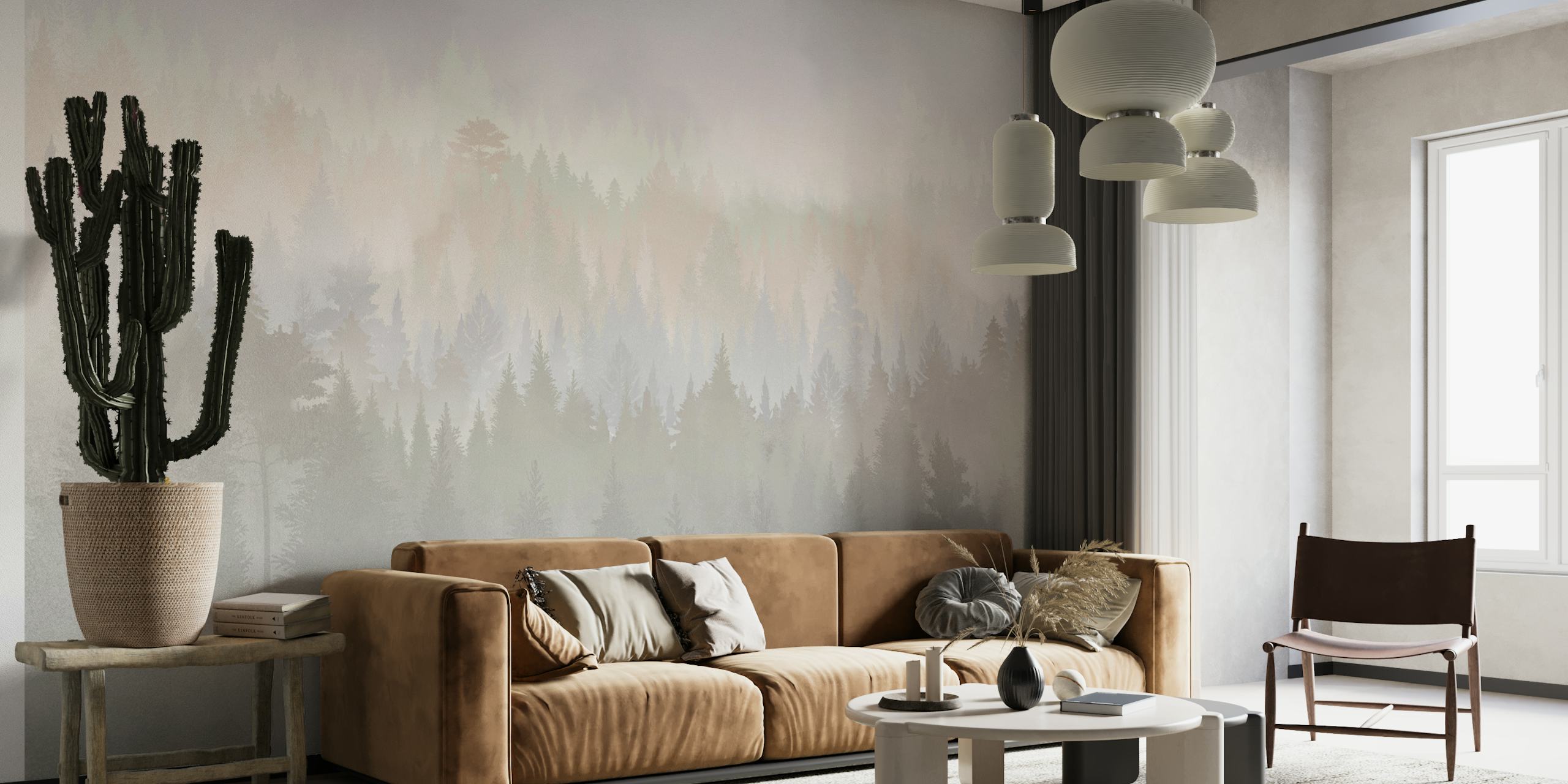 Foggy forest scene with evergreen trees in grey tones wallpaper