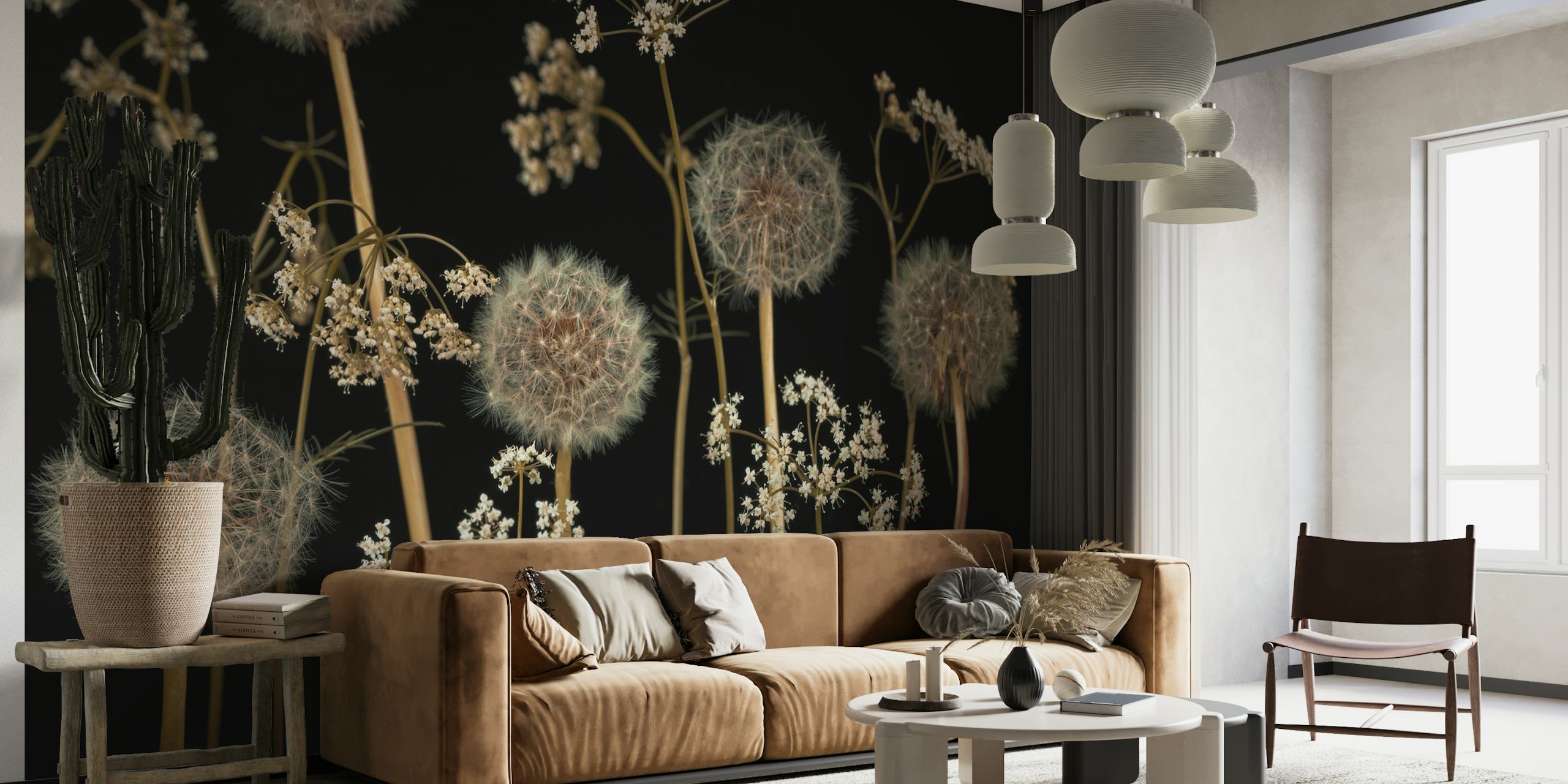 Dandelion flowers with intricate white blossoms on black background wallpaper