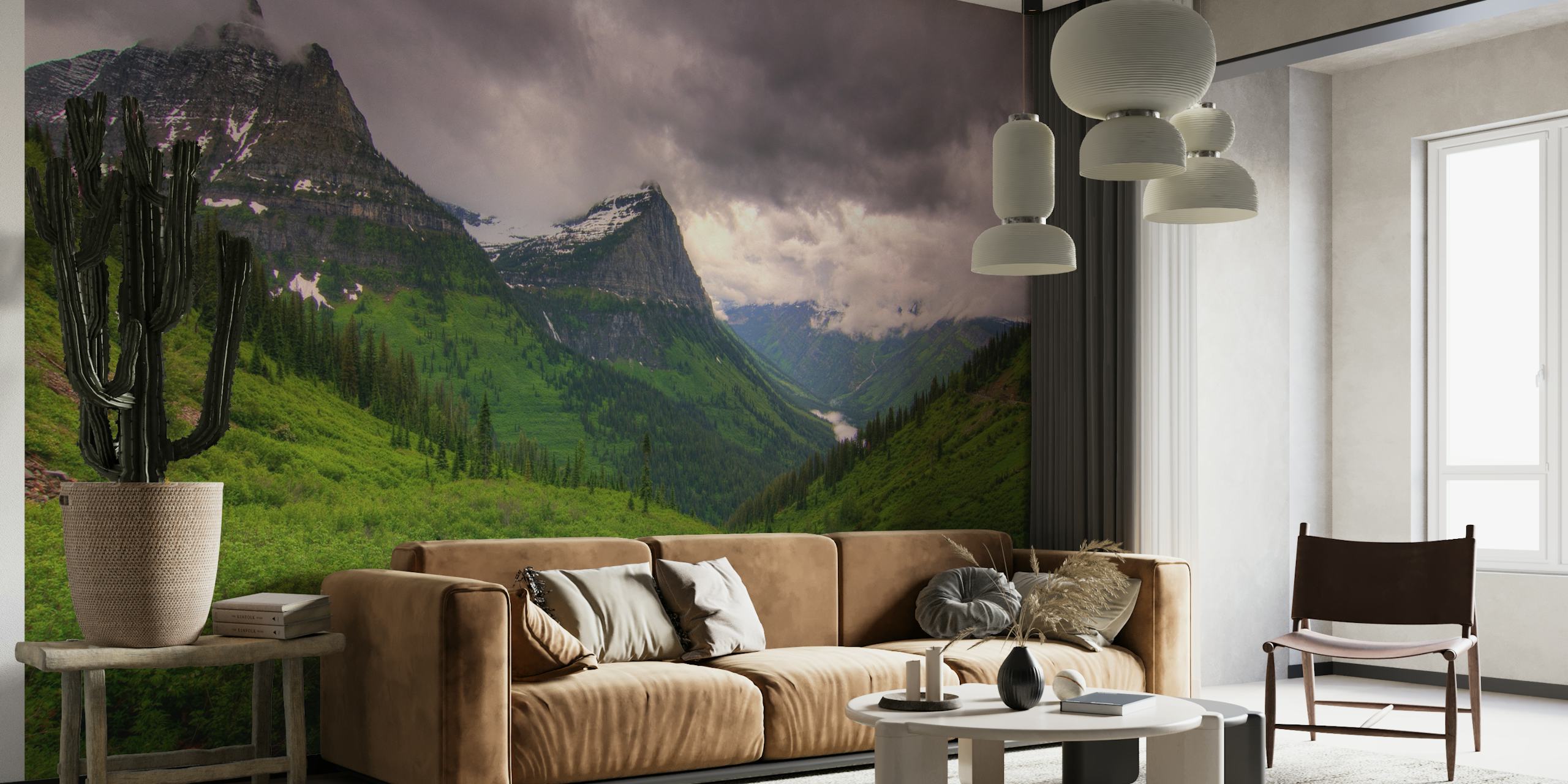 Approaching Storm wall mural with dark, stormy skies and lush green landscape