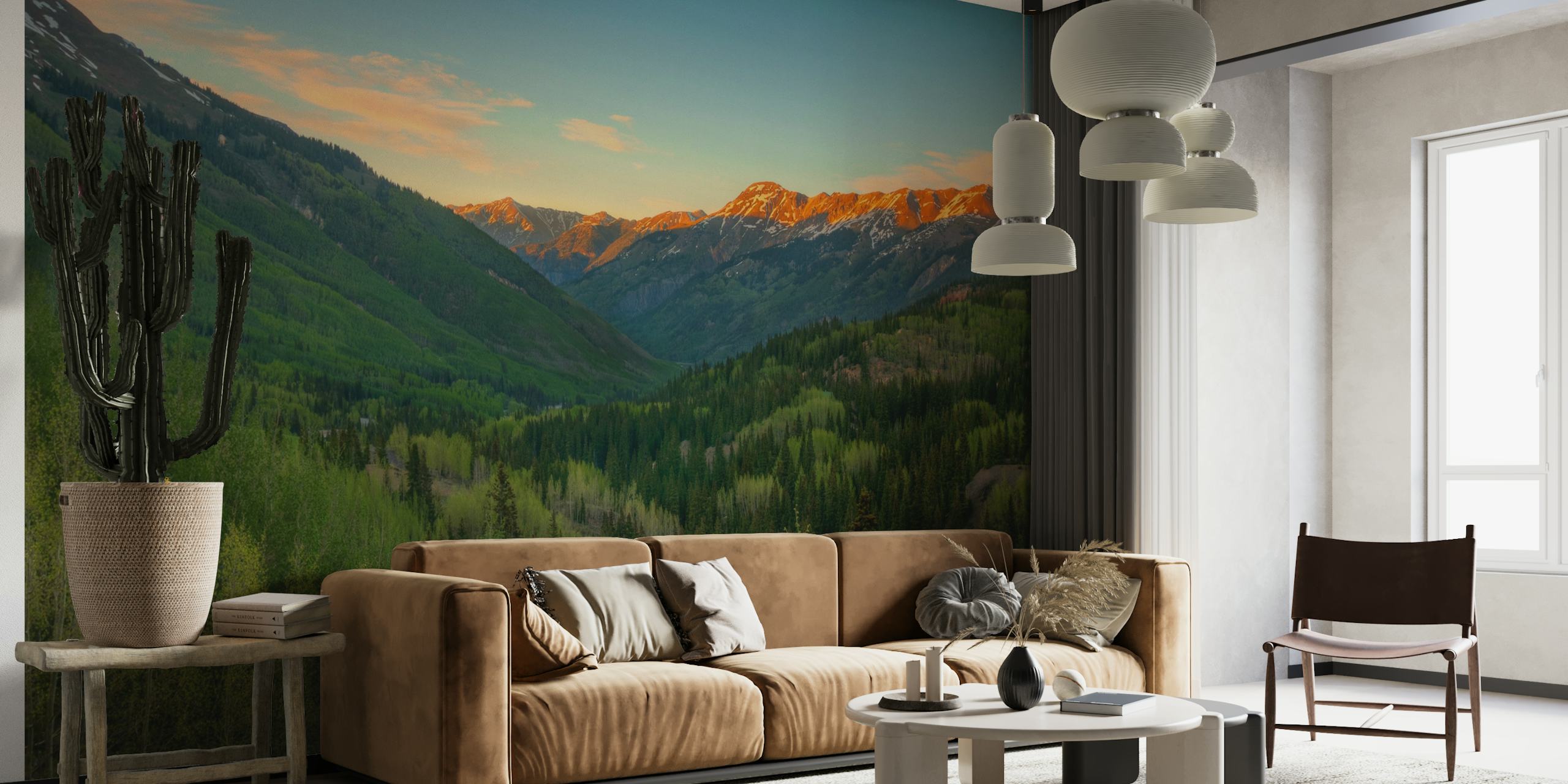 Panoramic mountain landscape wall mural with sunset hues