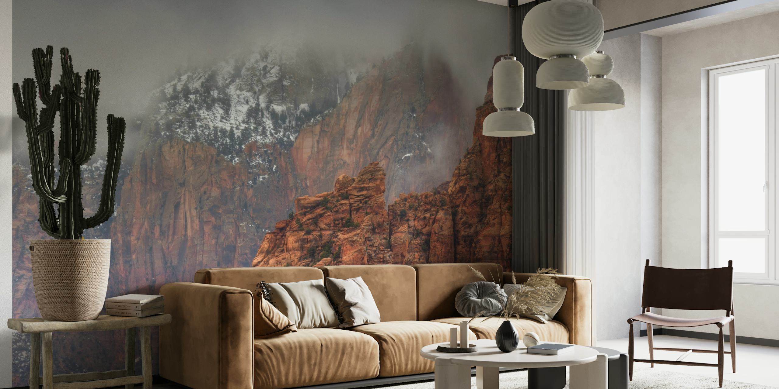 Misty mountain wall mural with rocky textures and warm tones