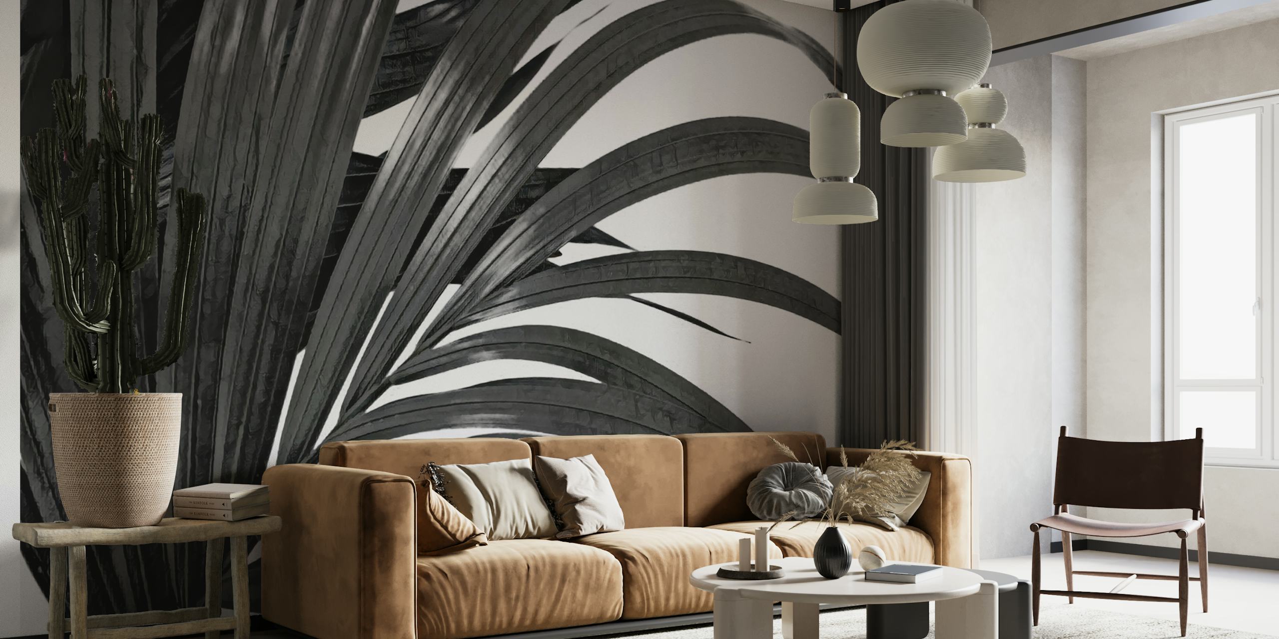 Donker tropisch bladpatroon muurschildering