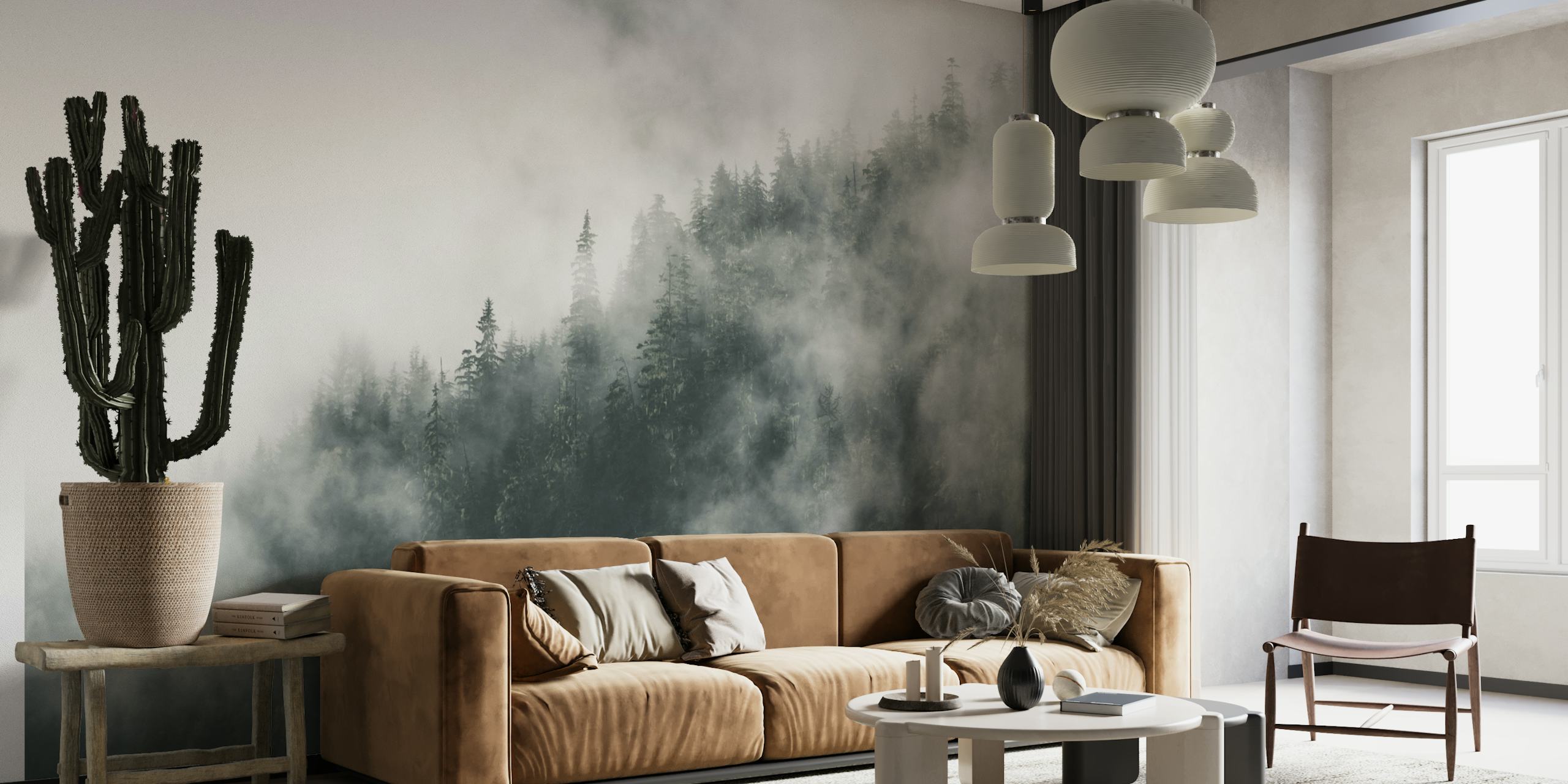 Misty forest wall mural with lush greenery