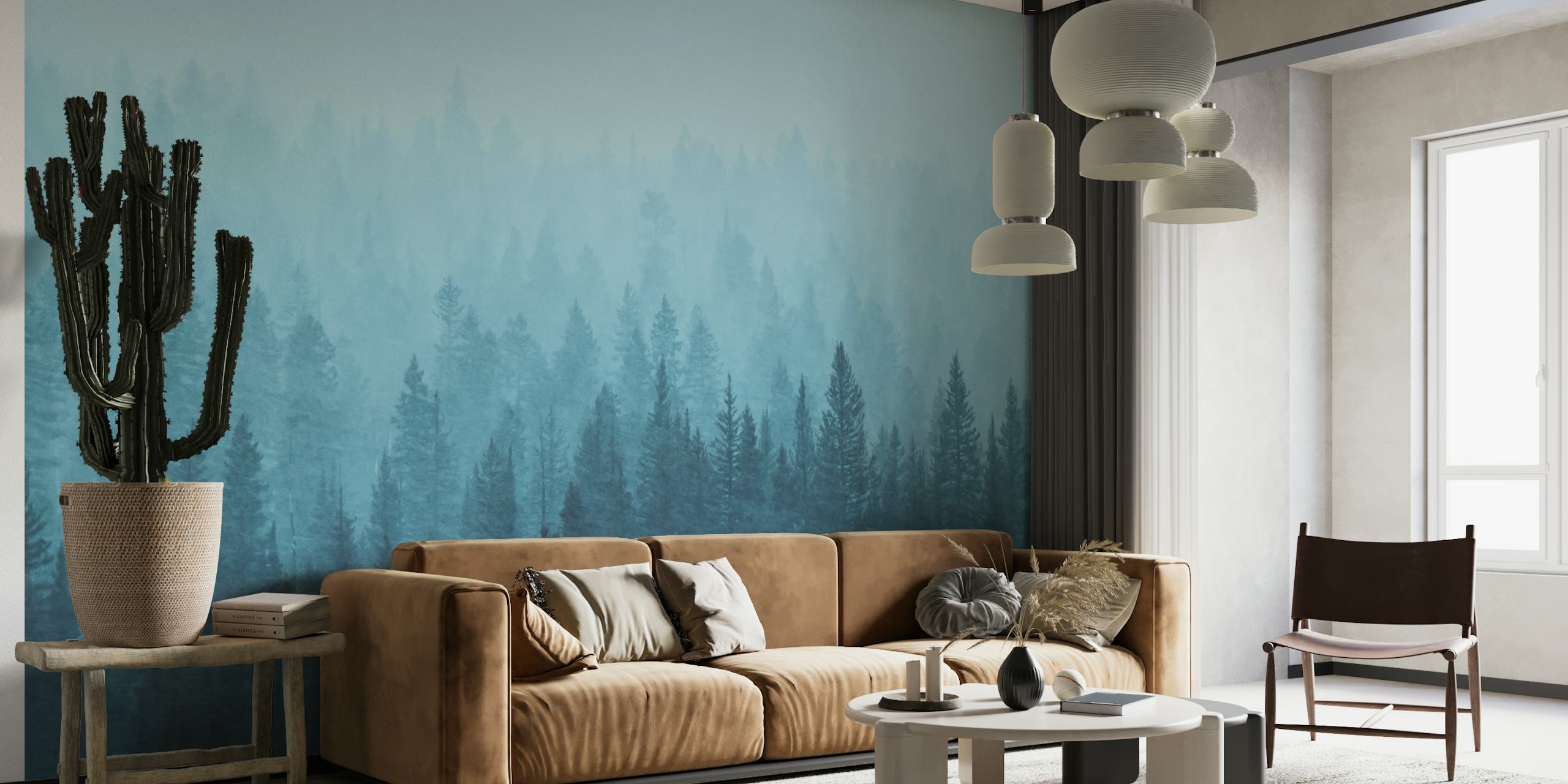 Blauwe mistige bosmuurschildering met silhouetbomen