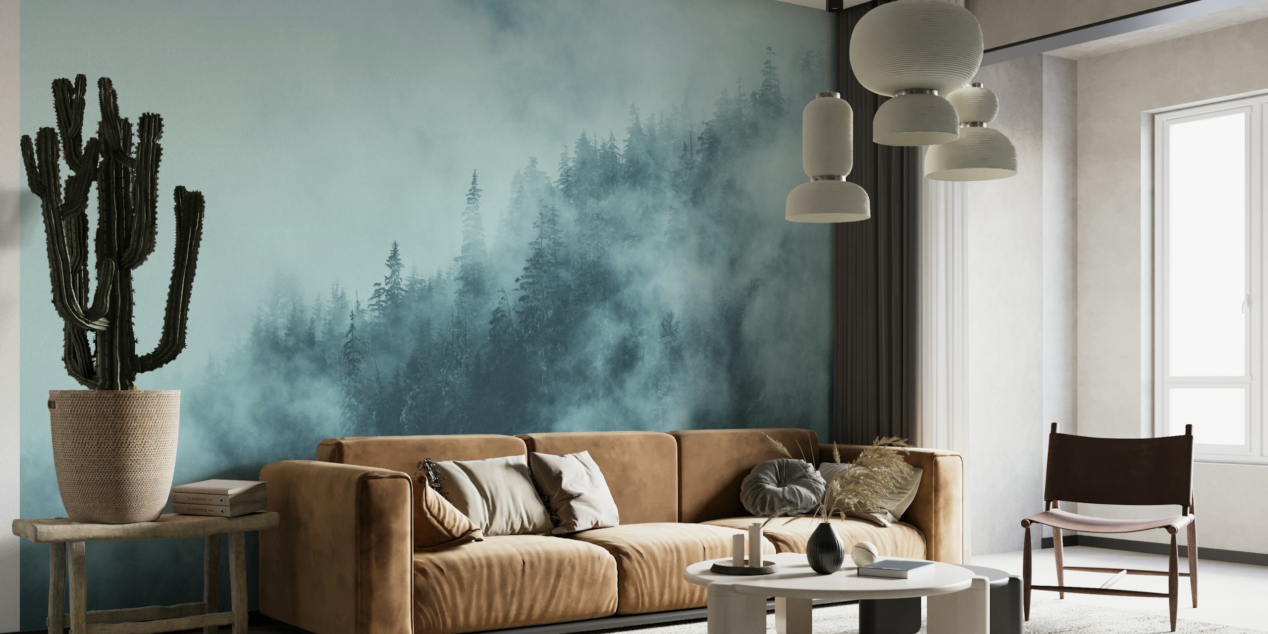 Foggy Forest Blue wall mural with silhouetted trees in mist