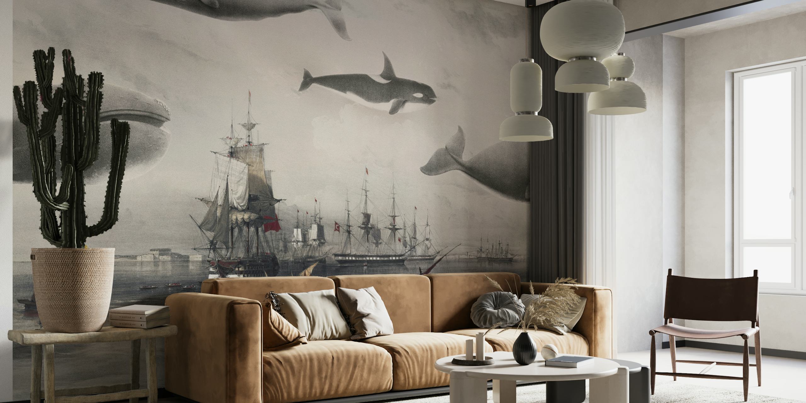 Whales and Ships burgundy red wallpaper