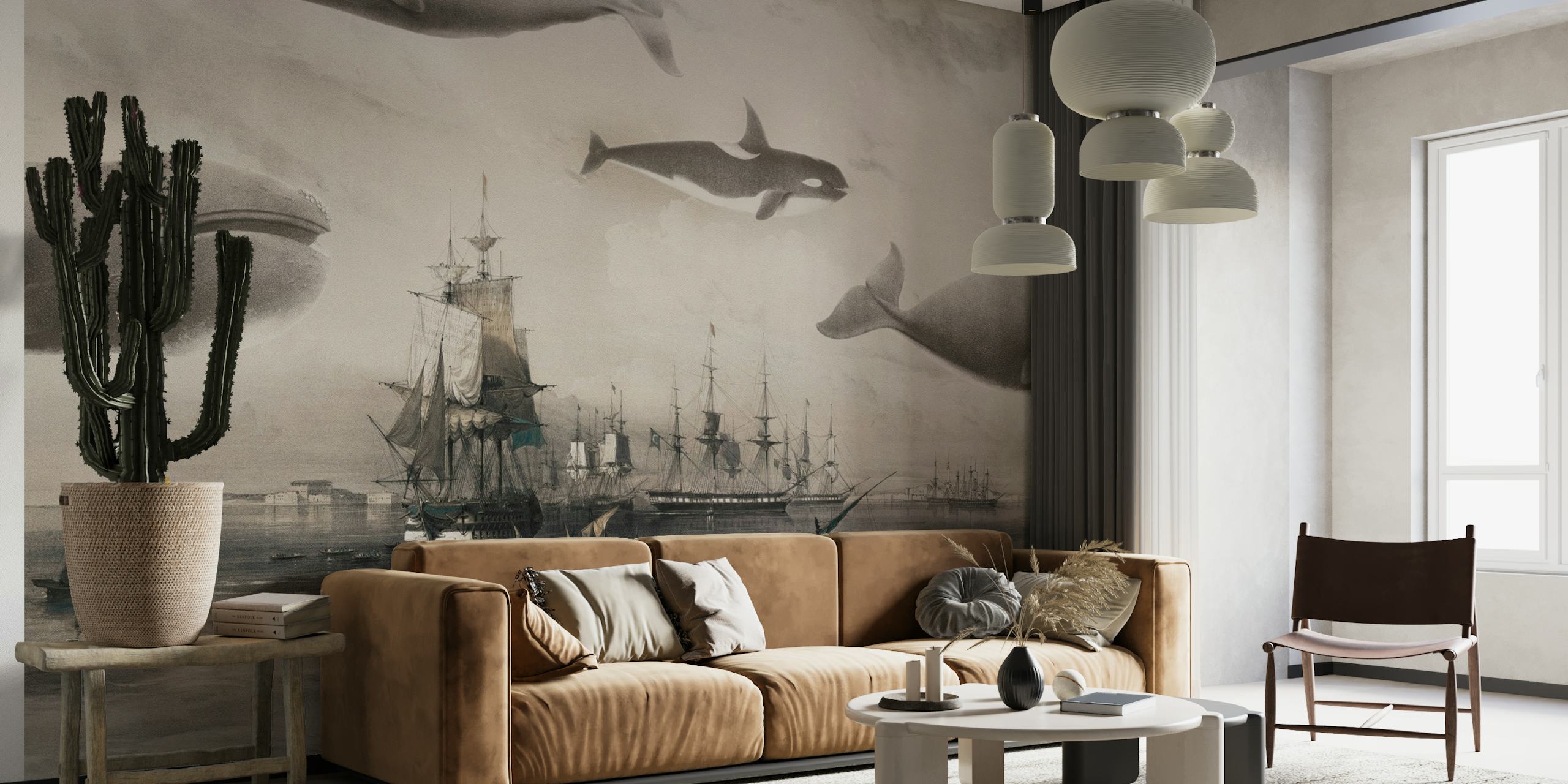 Whales and Ships sepia blue wallpaper