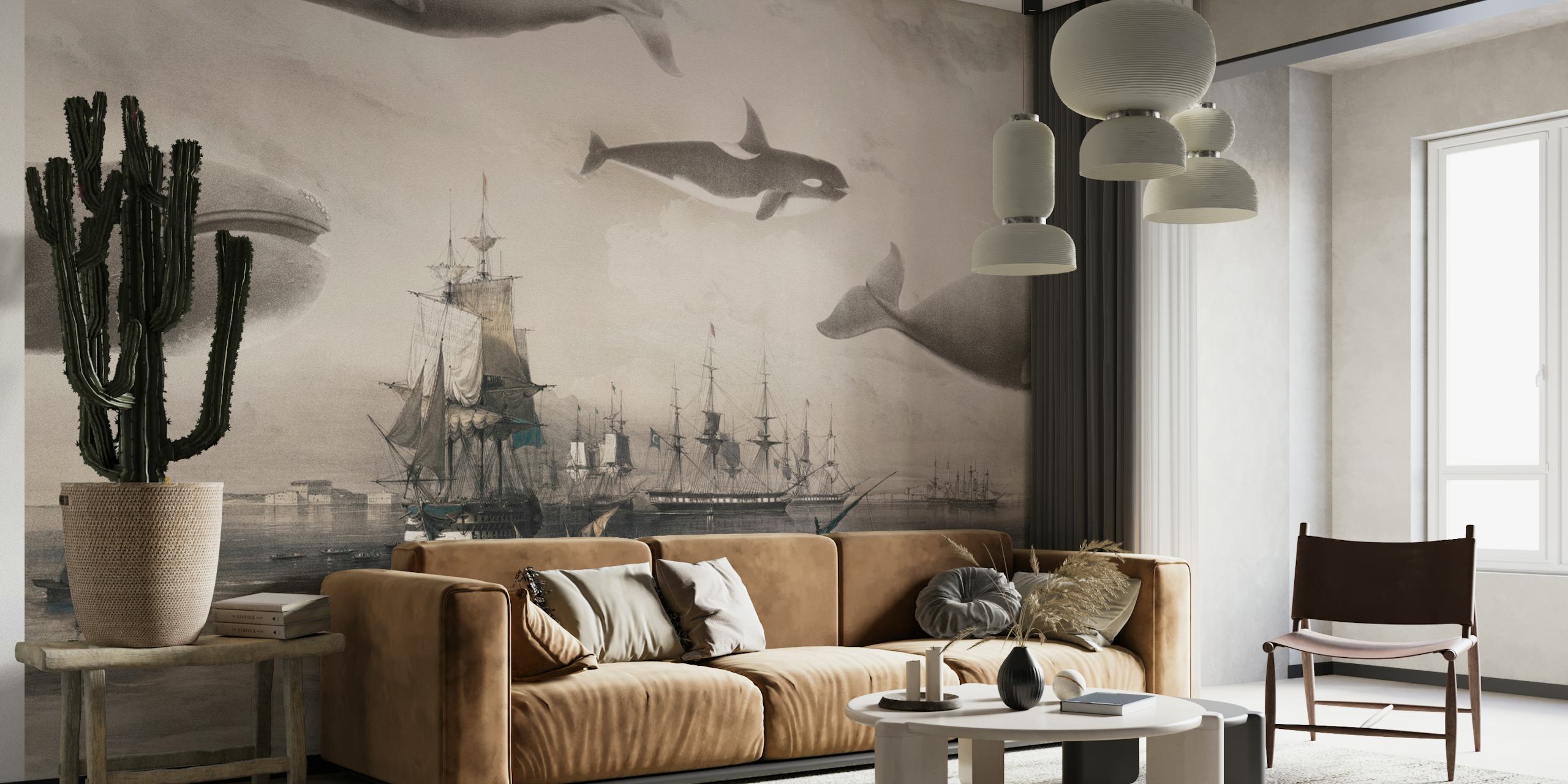Whales and ships in sepia blue tones wallpaper