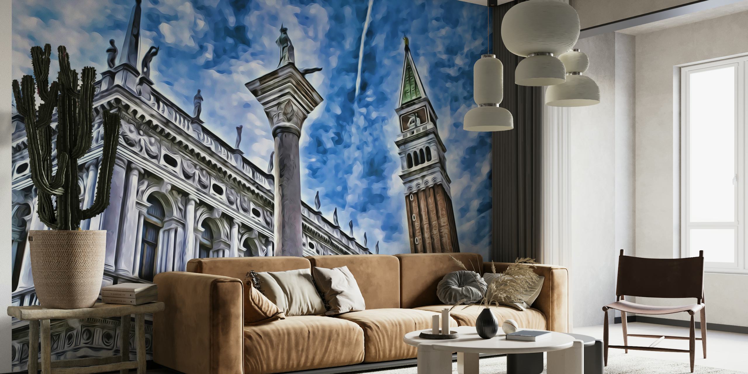 Muurschildering in Venetiaanse architectuur met de Campanile van St. Mark en het Dogenpaleis