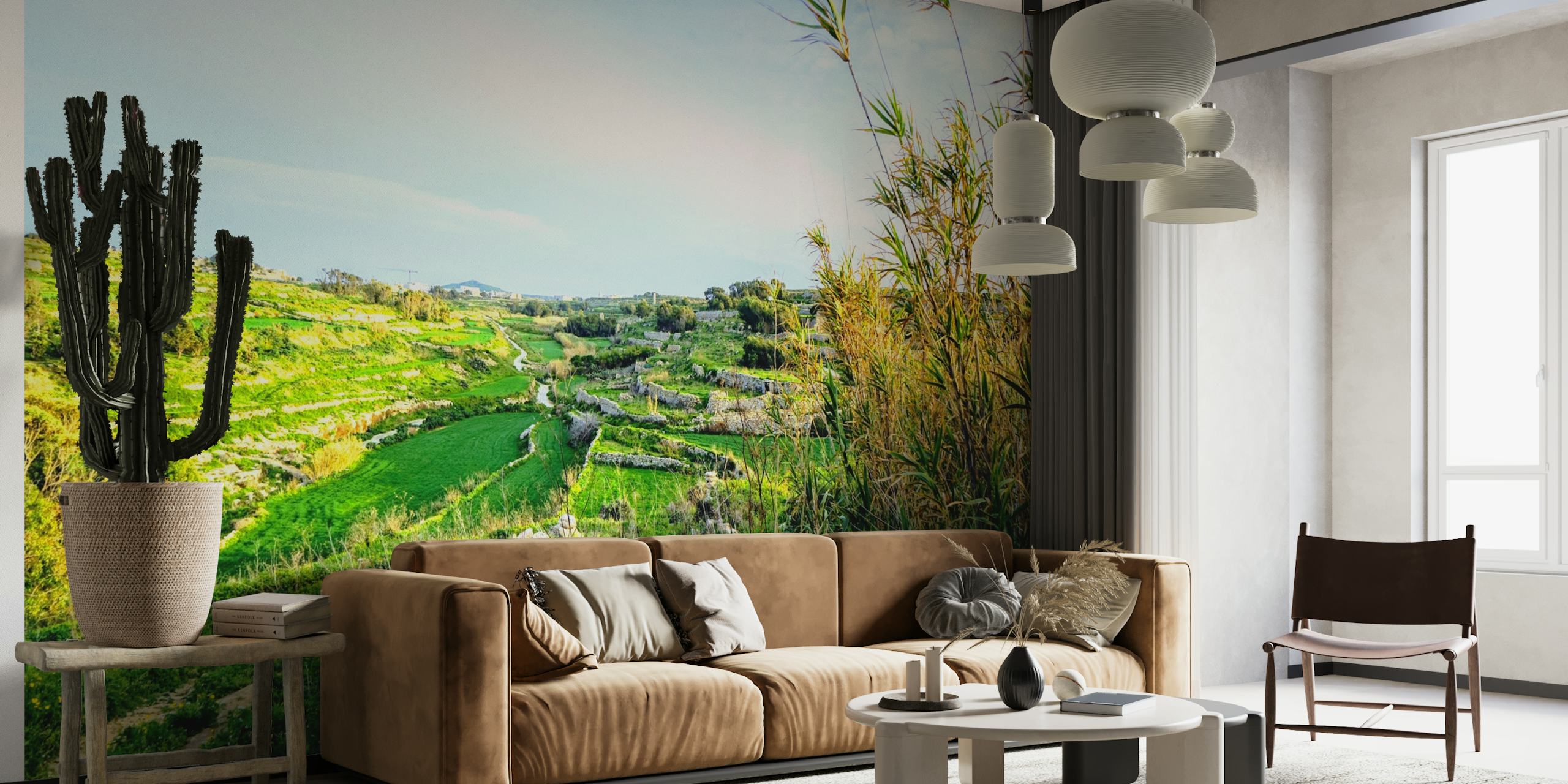 Tranquil sunset over a lush green meadow wall mural