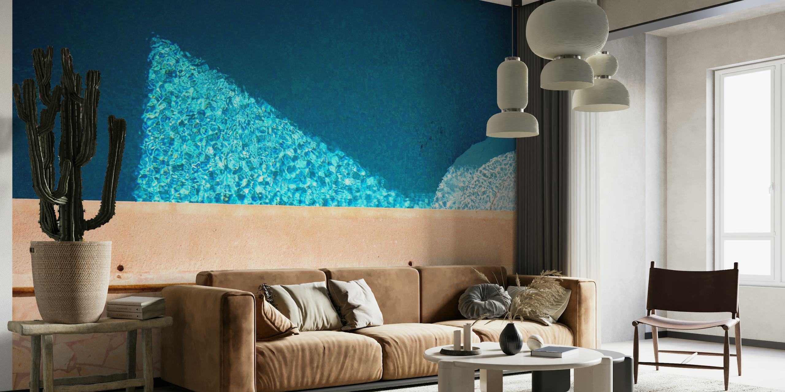 California Pool Dream-veggmaleri som viser det kjølige blå vannet i et basseng med terrakottafliser