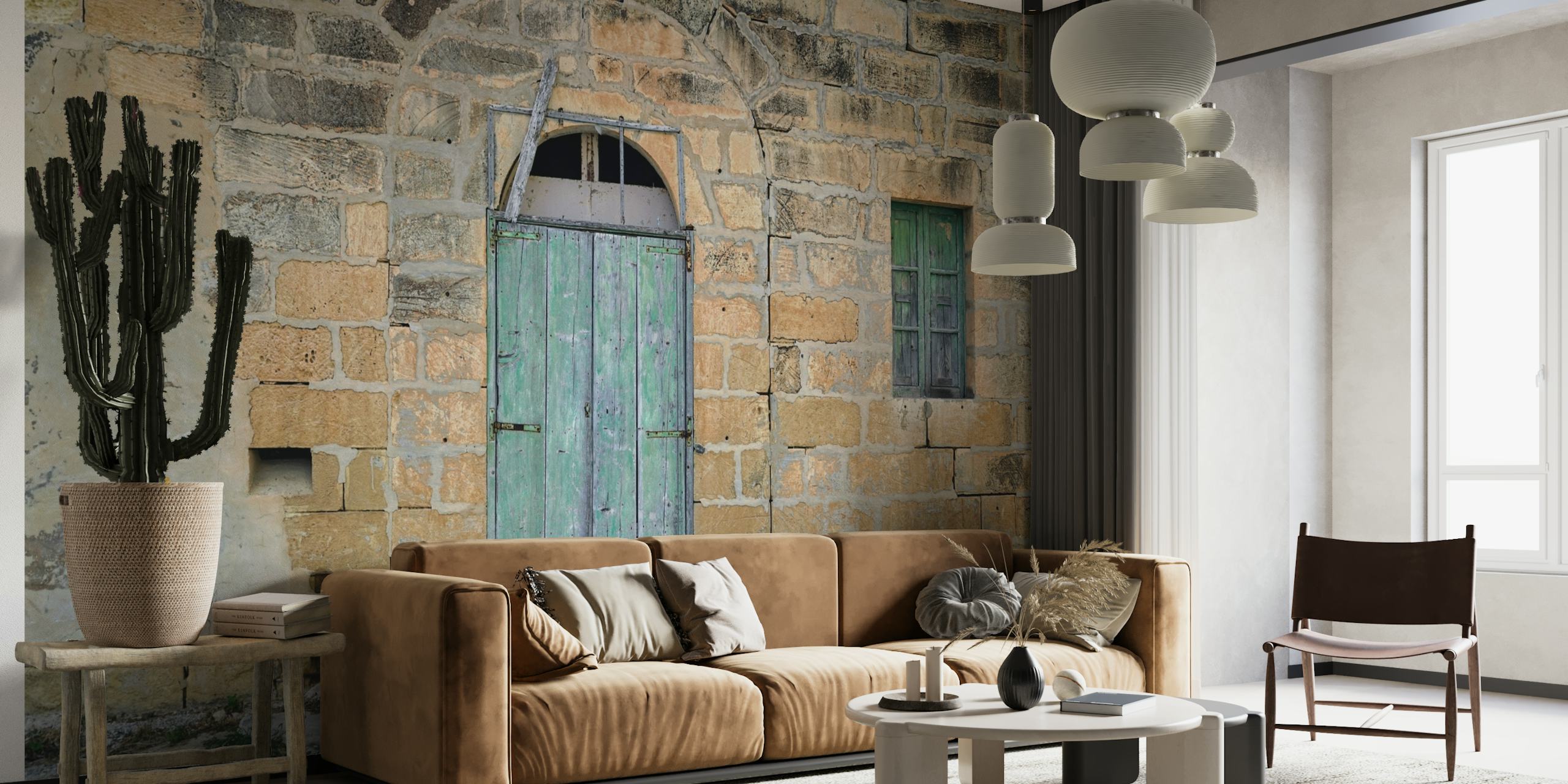 Old country house wall mural with weathered stone walls and a rustic green door