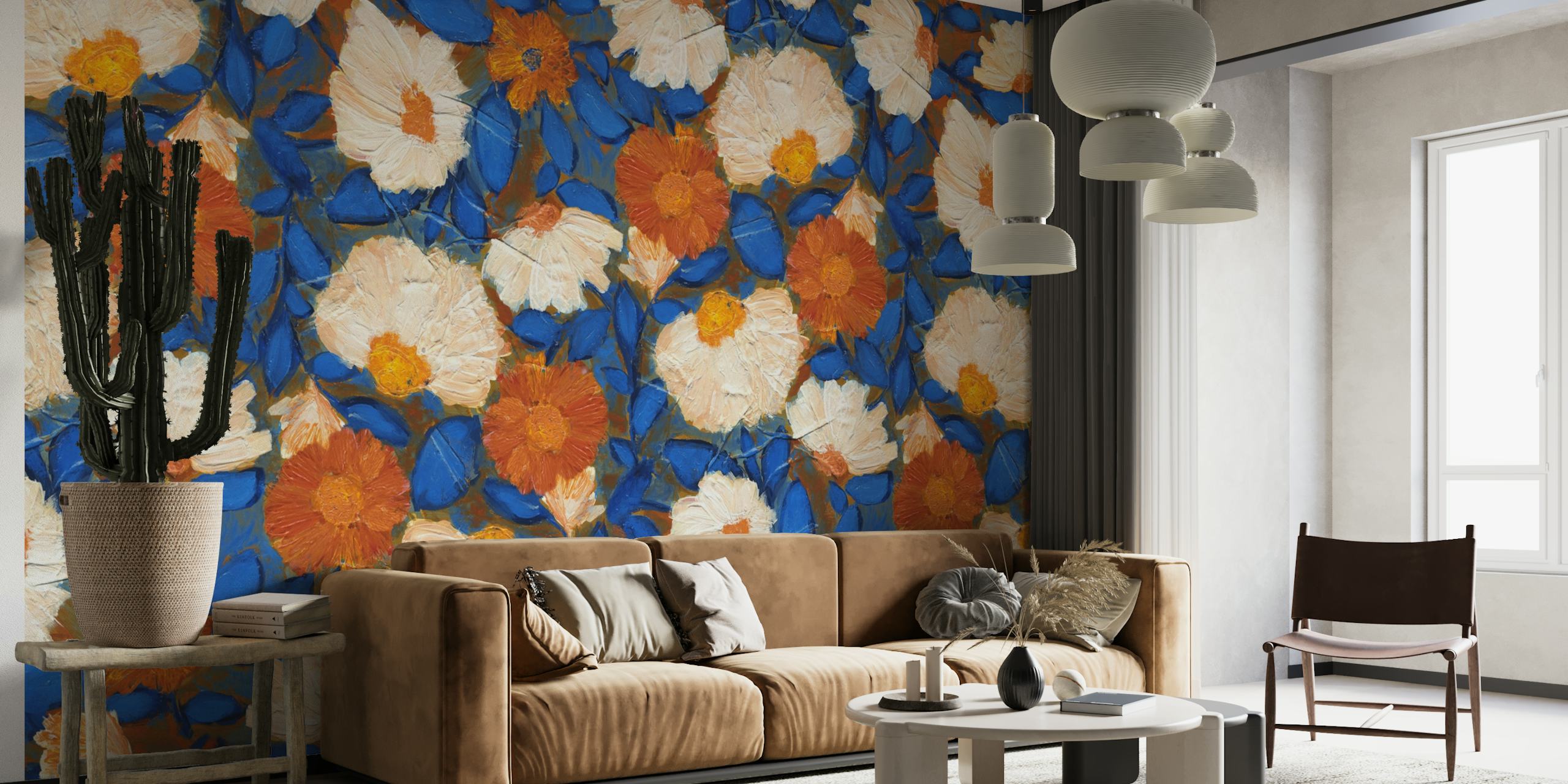Blooms orange cobalt blue wallpaper