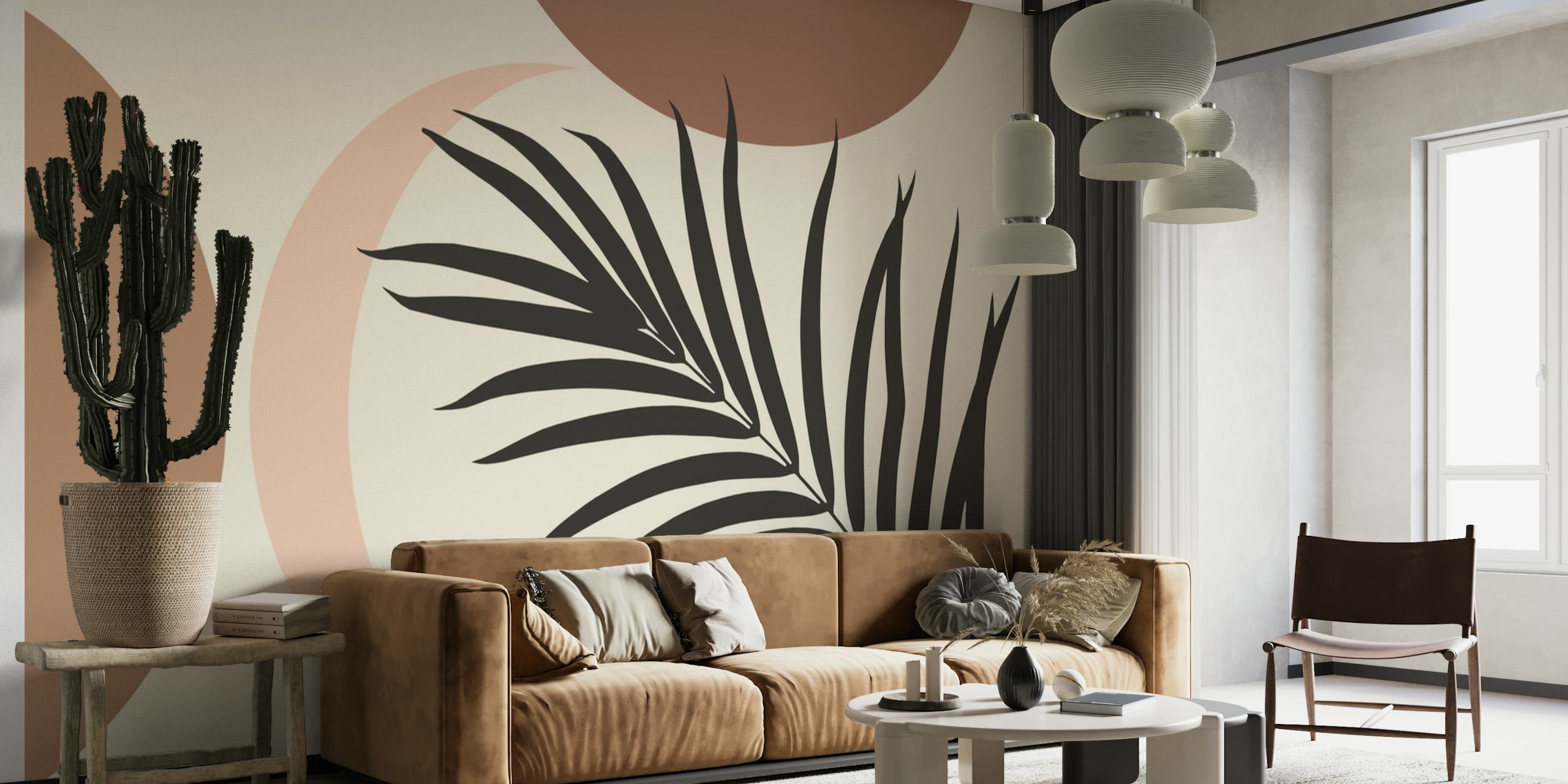 Tropical leaves and abstract colored circles wallpaper