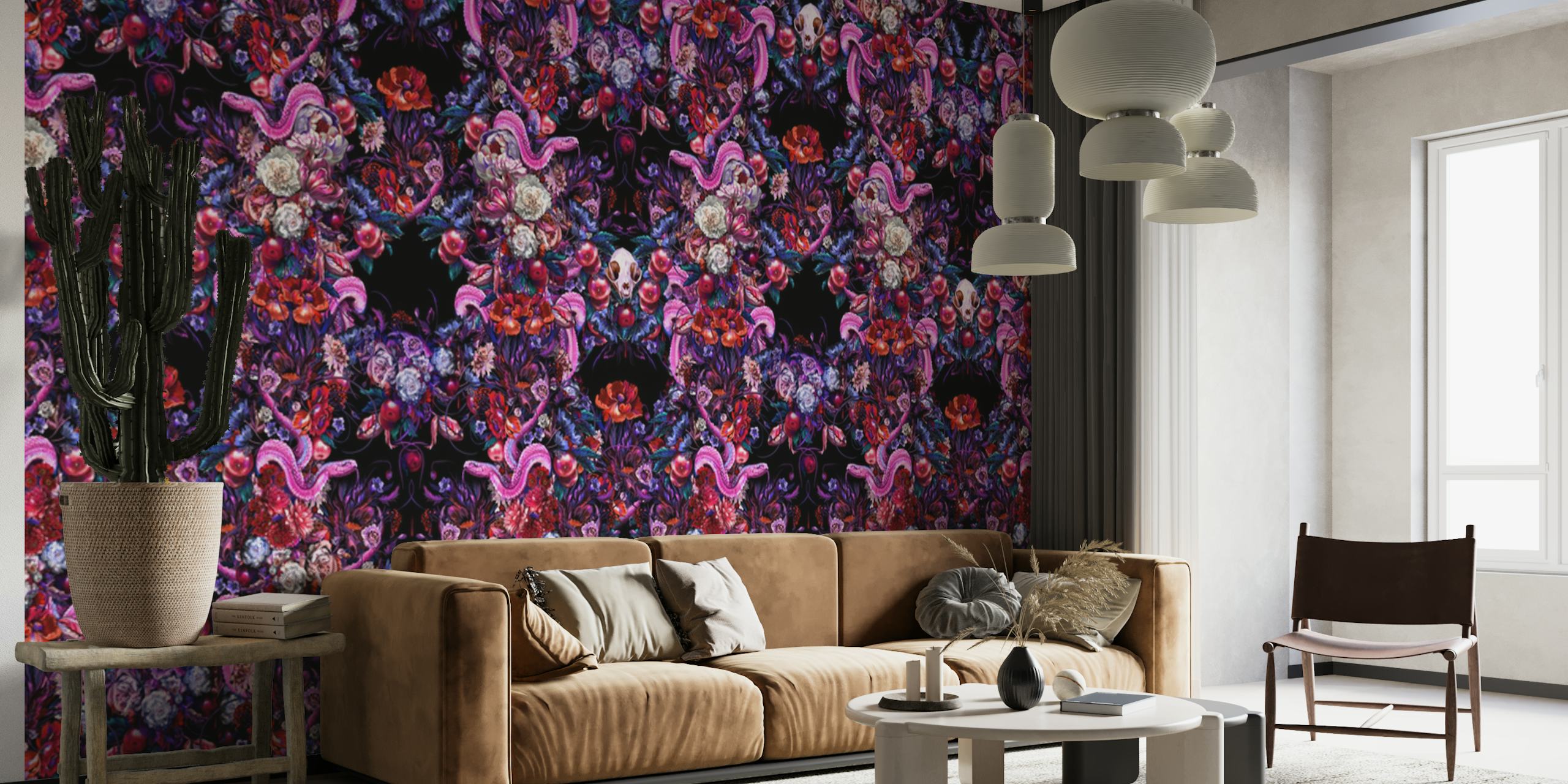 Gotisk-inspirerad tapet med ett symmetriskt mönster av ormar, dödskallar och blommor i nyanser av lila, rosa och blått