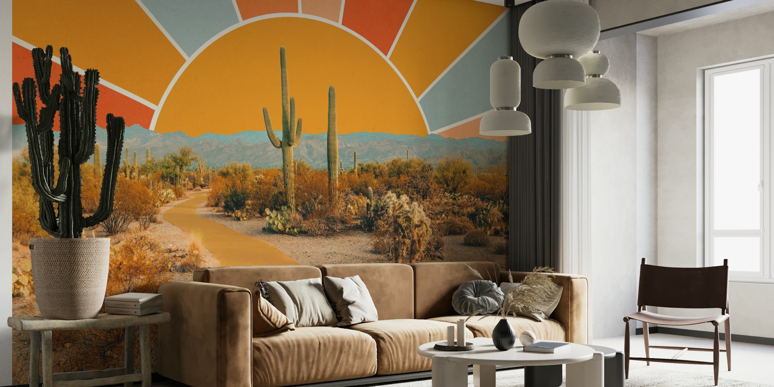 Kunstnerisk ørkenscene vægmaleri med kaktusser og varmt sunburst-design