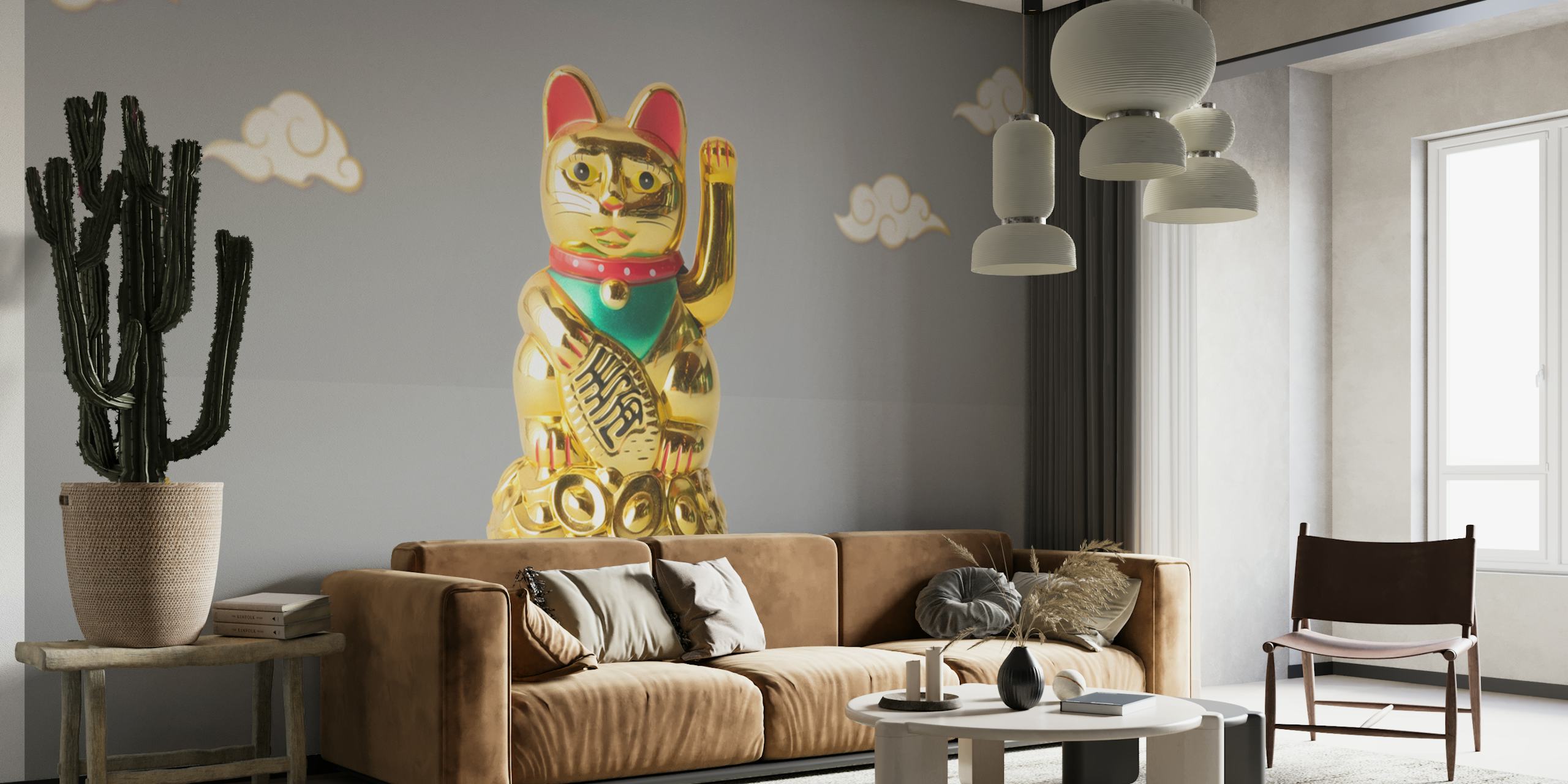 Golden cat luck wallpaper in a room