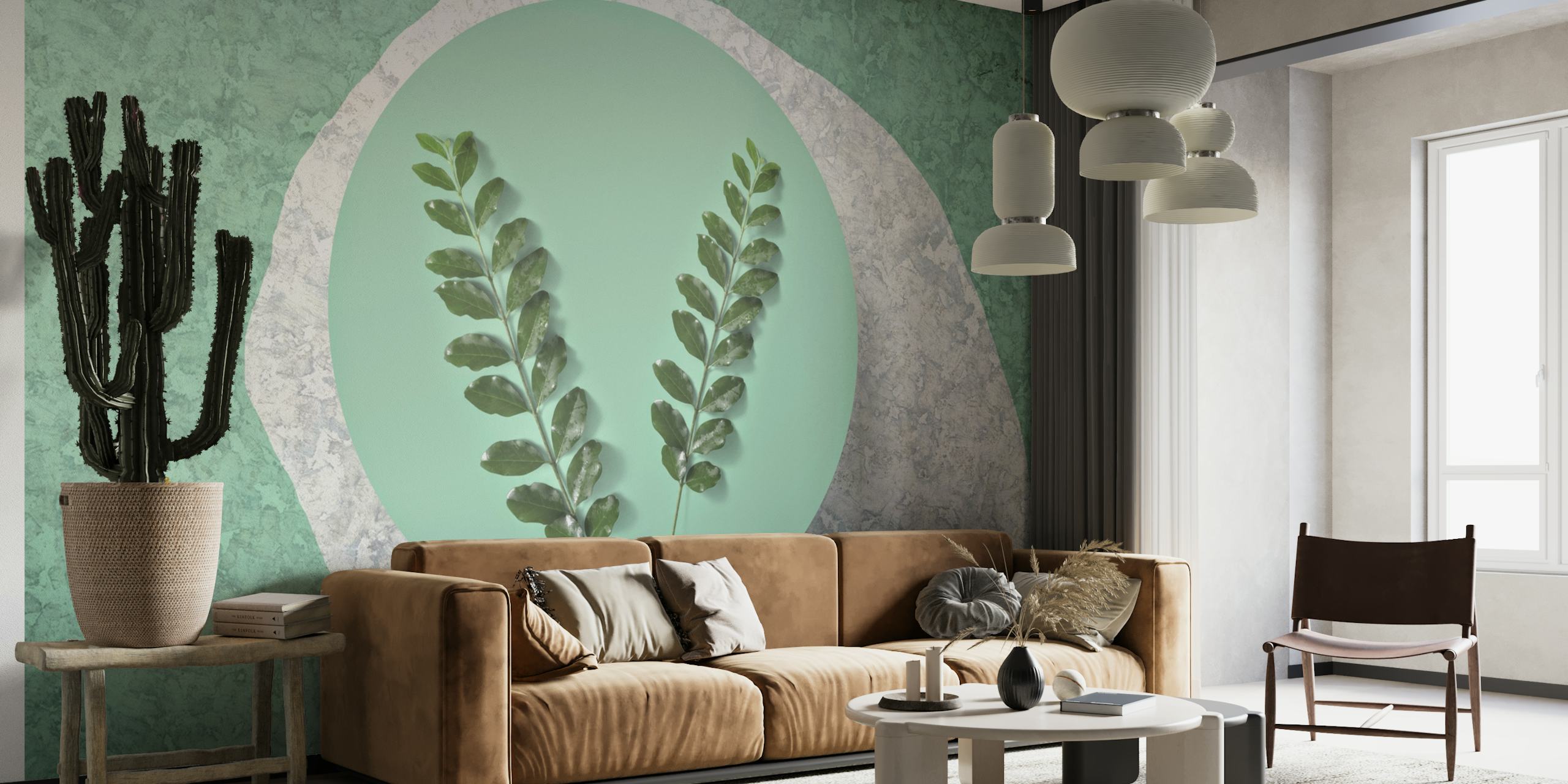 Zen Leaves Mint Gray Concrete behang