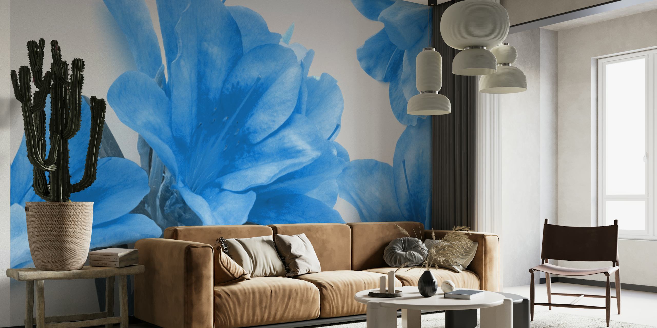 Blue Flower Decor on Gray wallpaper