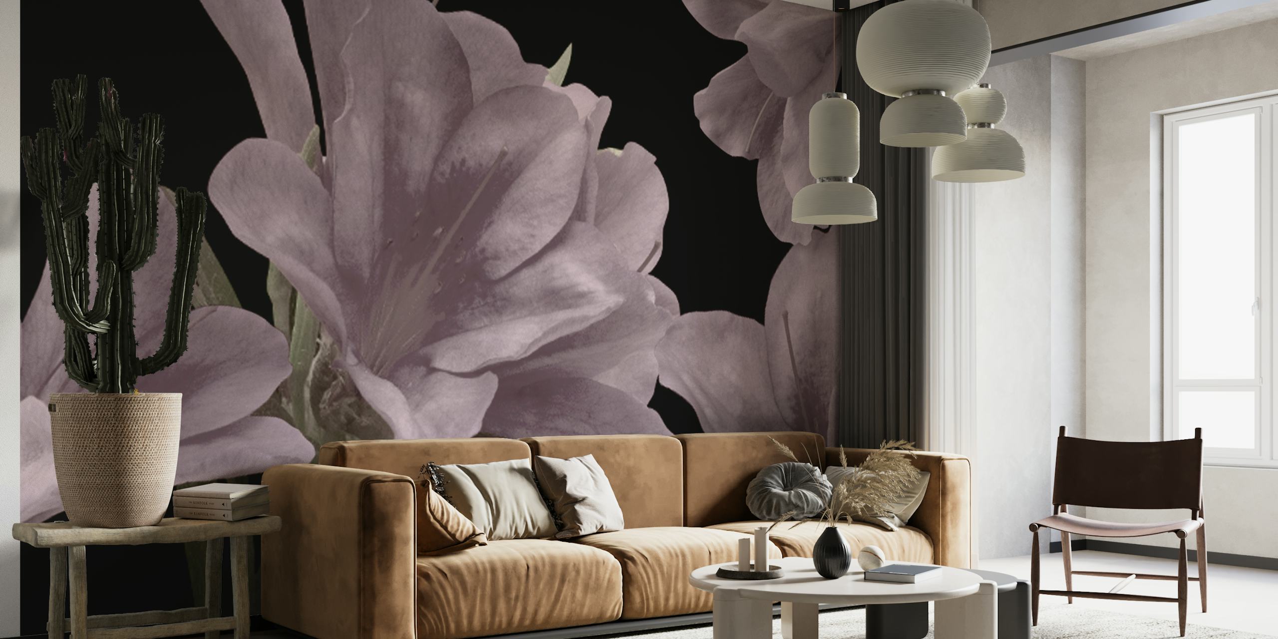 Subtle pale blush lilies bloom against a dark background wall mural